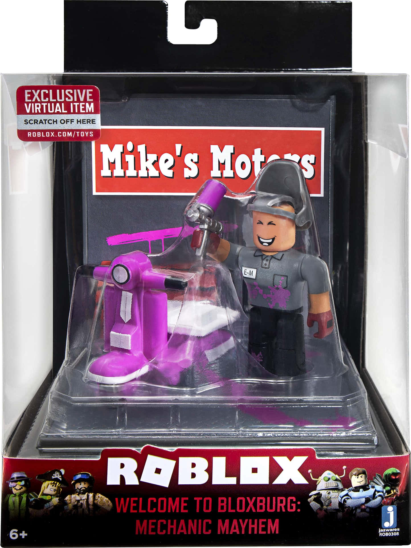 Roblox機械師人偶與紫色滑板車在品牌玩具包裝中。