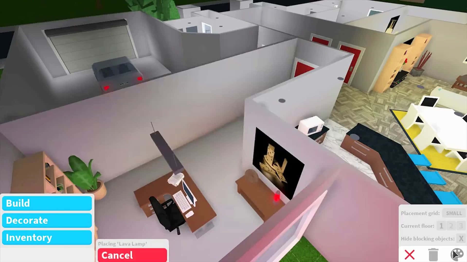 3D渲染的房間，配有家具和一個正在放置的熔岩燈。