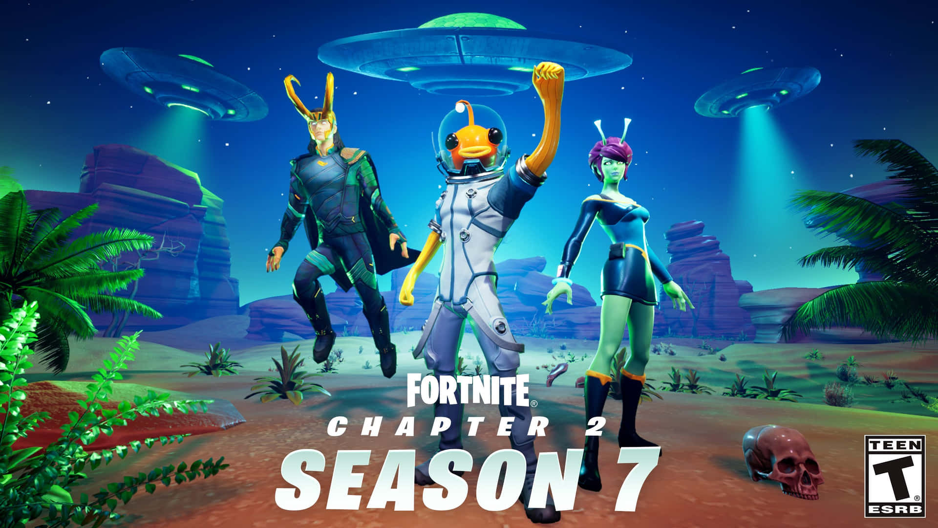 三個Fortnite外星角色在熱帶外星景觀中，在UFO下慶祝。