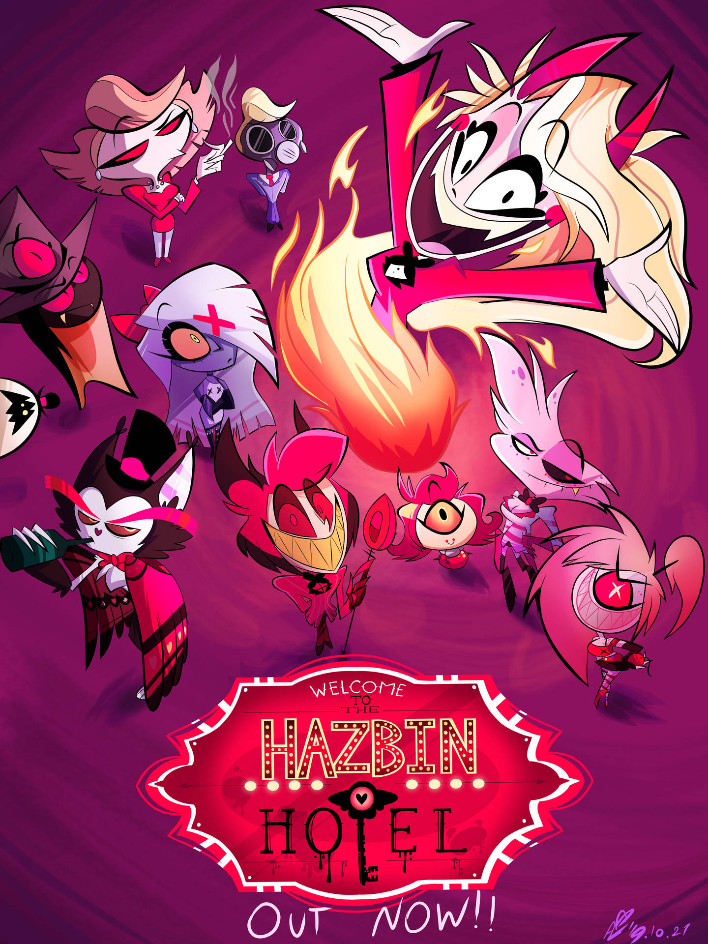 Hazbin Hotel 動畫角色在火熱的紫色宣傳海報中。