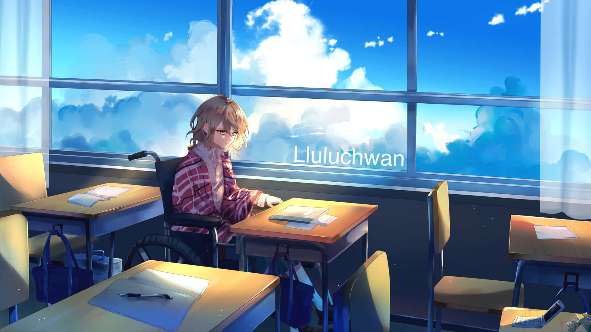 動漫女孩坐輪椅在學校書桌前看窗外藍天白雲