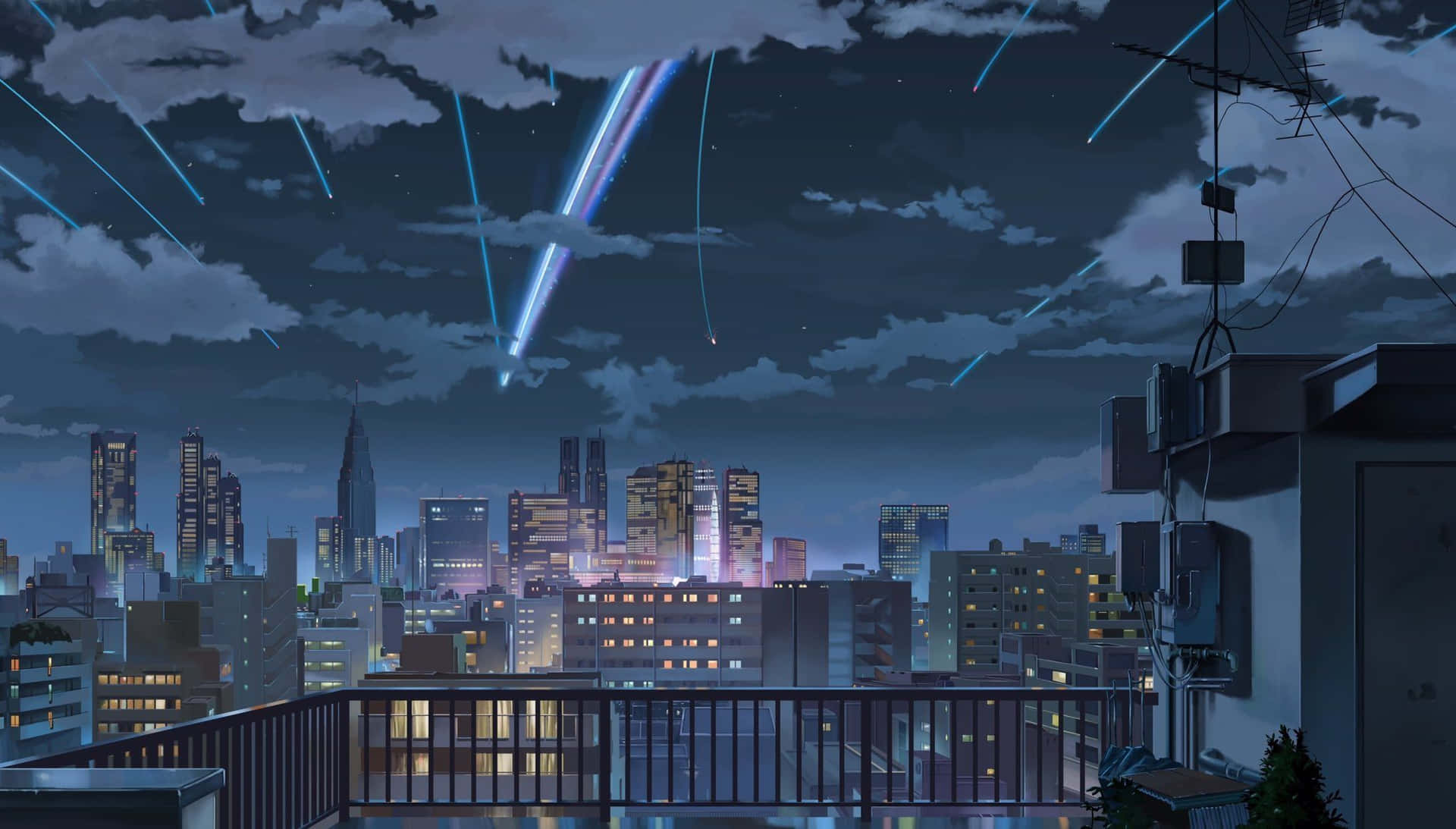 夜晚的動漫城市天際線，發光的建築物和天空中劃過的藍色光線。