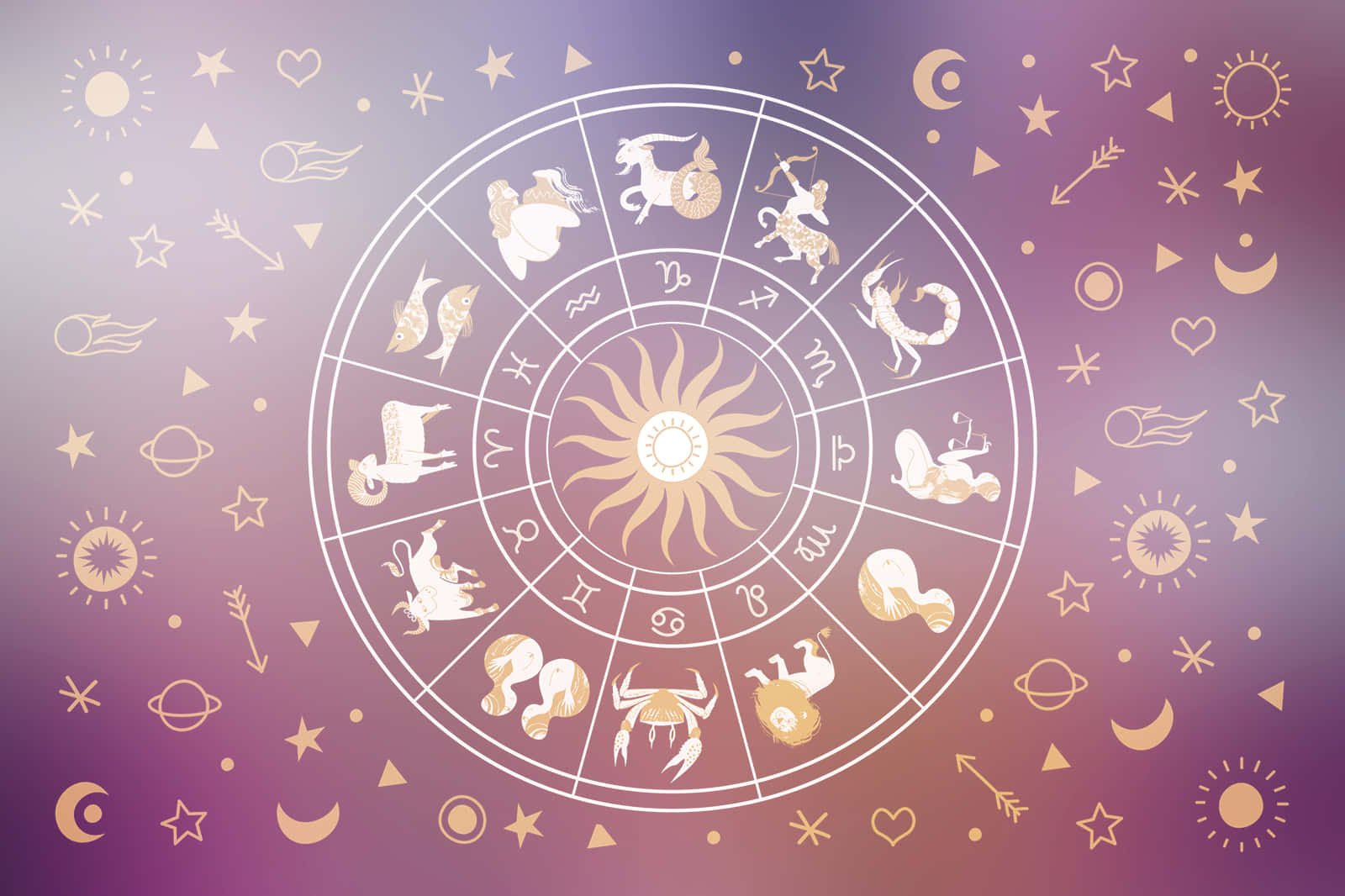 歡迎來到十二星座的奧秘 壁紙 — 一個帶有占星符號的金色黃道輪，從太陽爆發中心向柔和紫色漸變背景放射光芒。