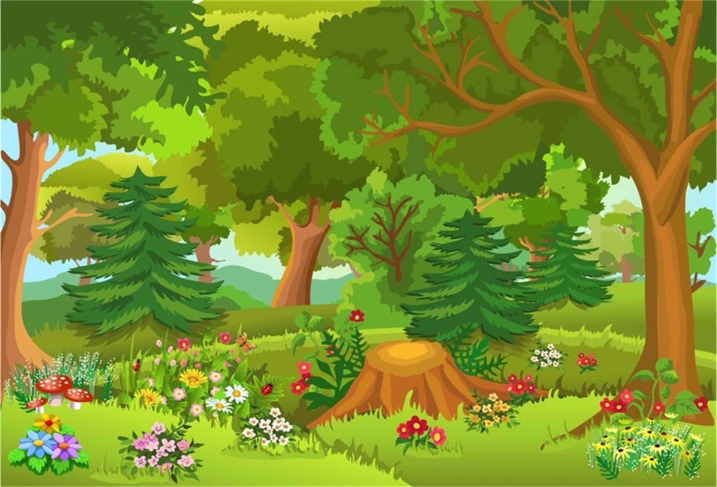 歡迎來到卡通森林——一個充滿冒險的魔法世界！ 壁紙 — 充滿活力的卡通森林場景，有茂密的綠樹、野花和一個樹樁，在明亮的日光下。