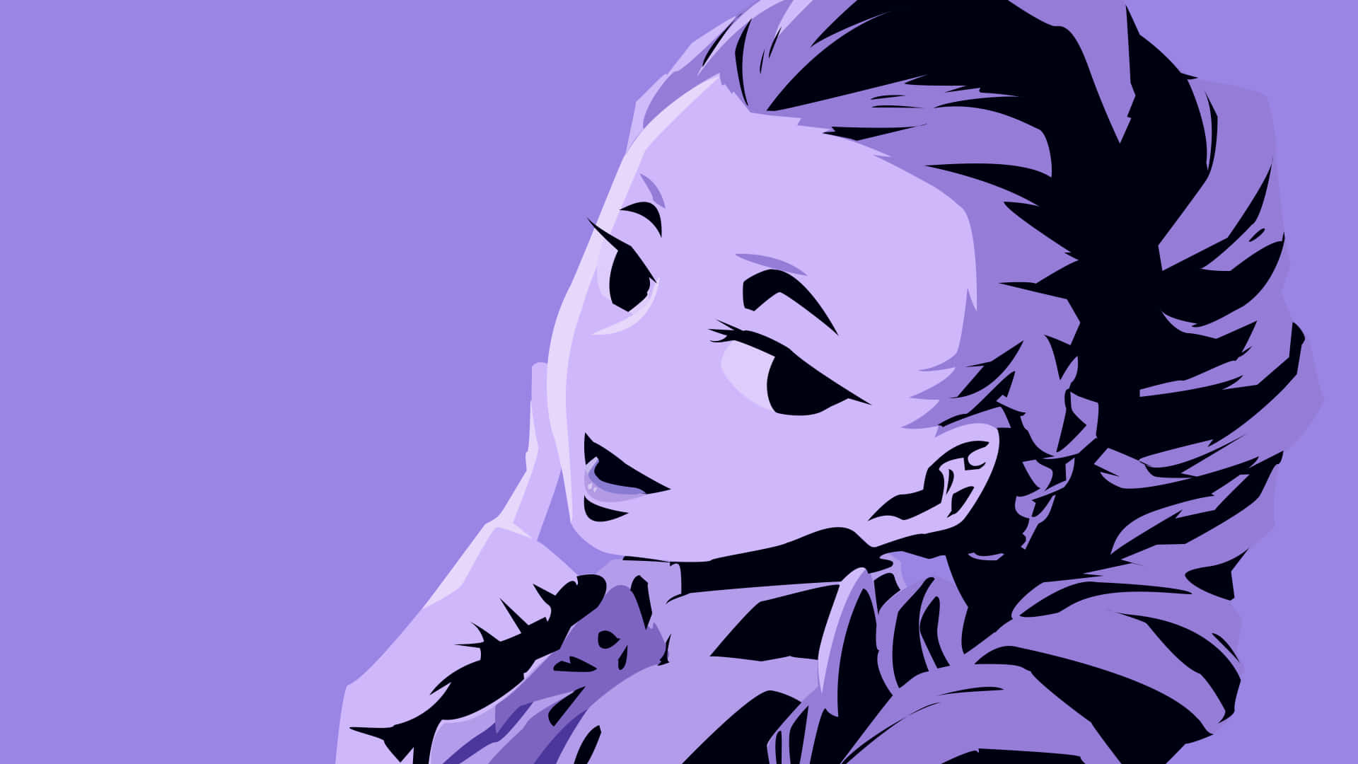 紫色頭髮和粗黑輪廓的動漫女孩向上凝視。
