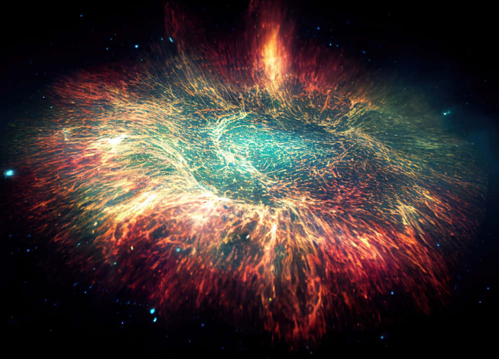 充滿活力的宇宙星雲，在繁星點點的黑色虛空中呈現火紅、橙色和發光的青綠色。