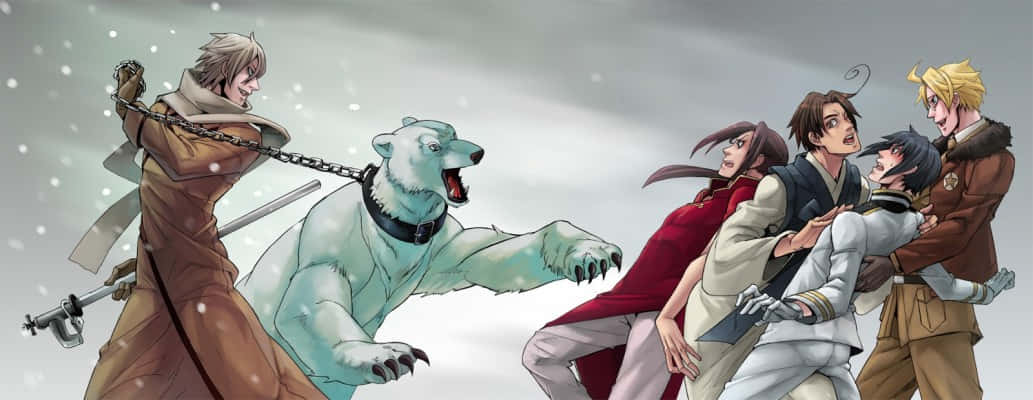 動漫團體在暴風雪中與被鎖鏈束縛的北極熊戰鬥。