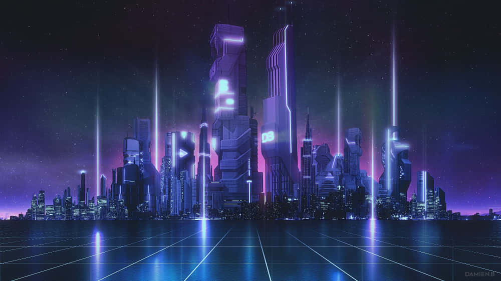 未來城市夜景，霓虹燈在水面上反射。