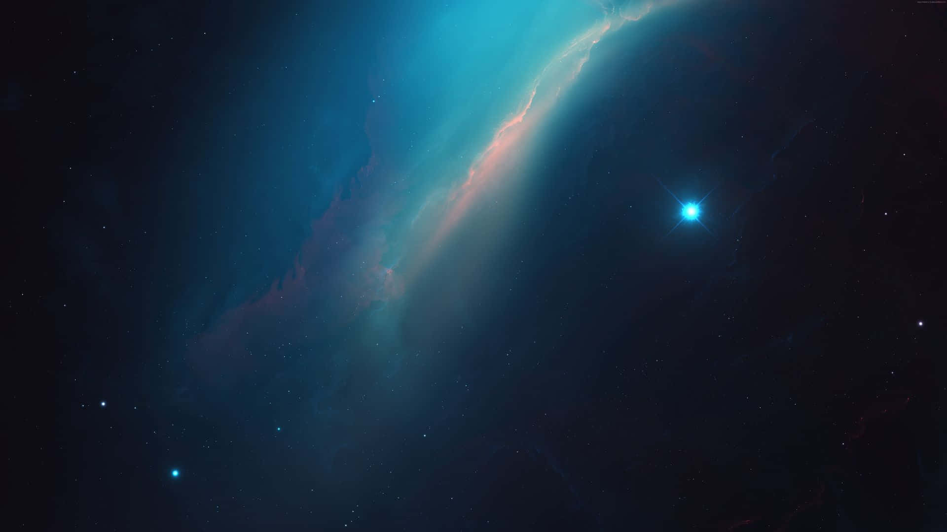 深空中鮮豔的青綠色和粉紅色星雲，帶有明亮的藍色星星。