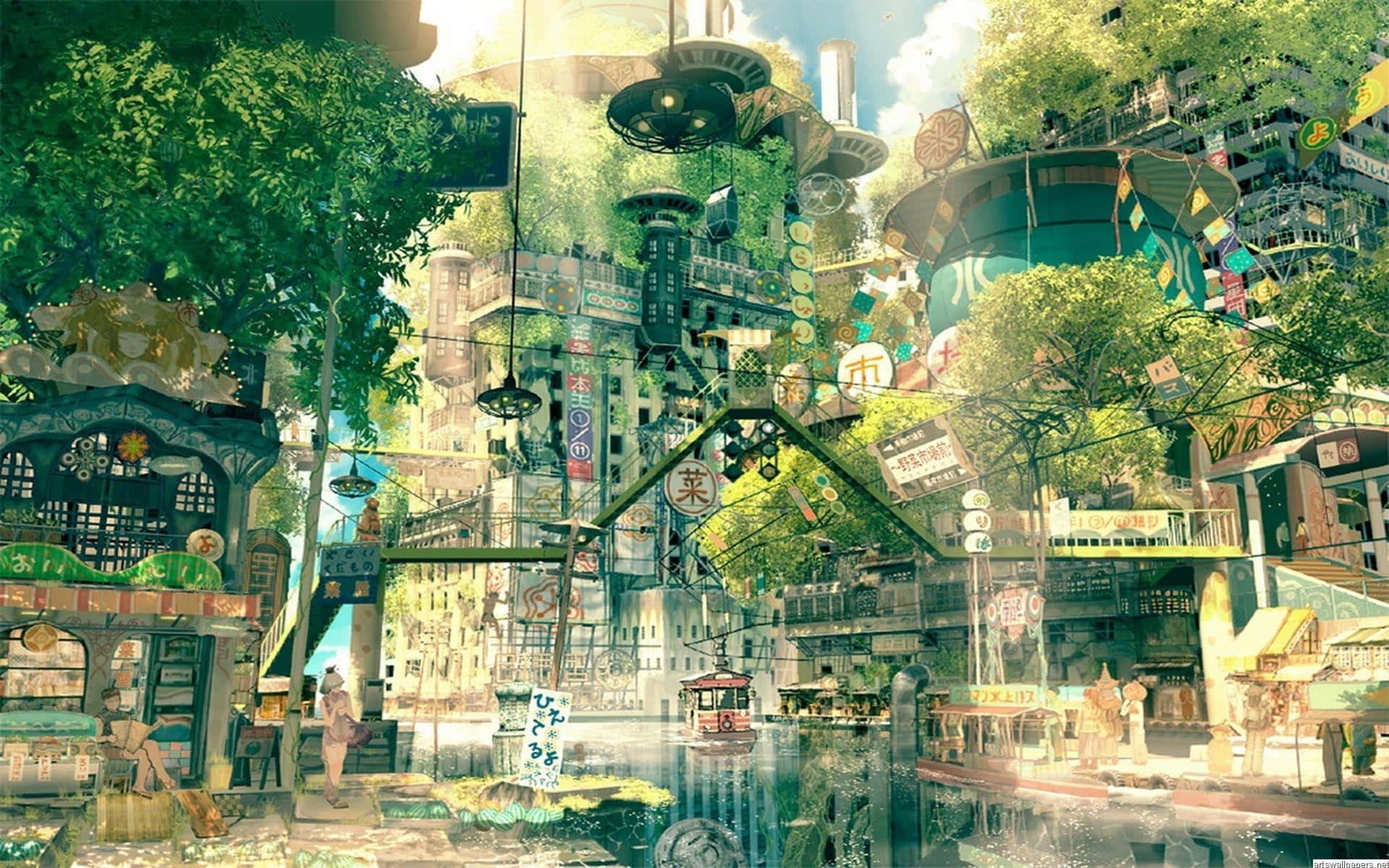動漫城市，有綠色樹木和漂浮在運河上的標誌。