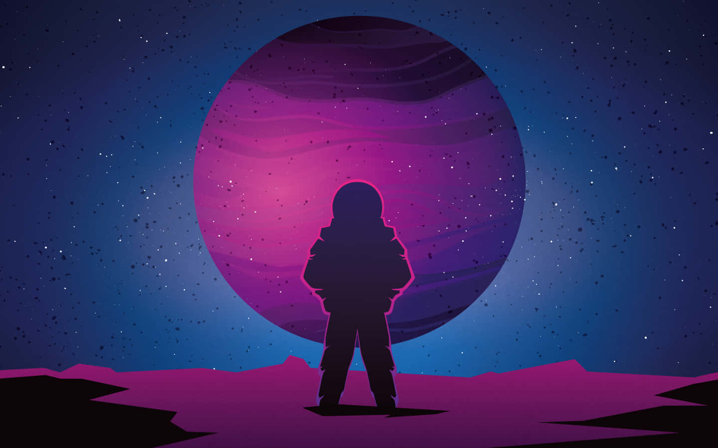 外星行星上的太空人觀看星空中巨大的彩色行星
