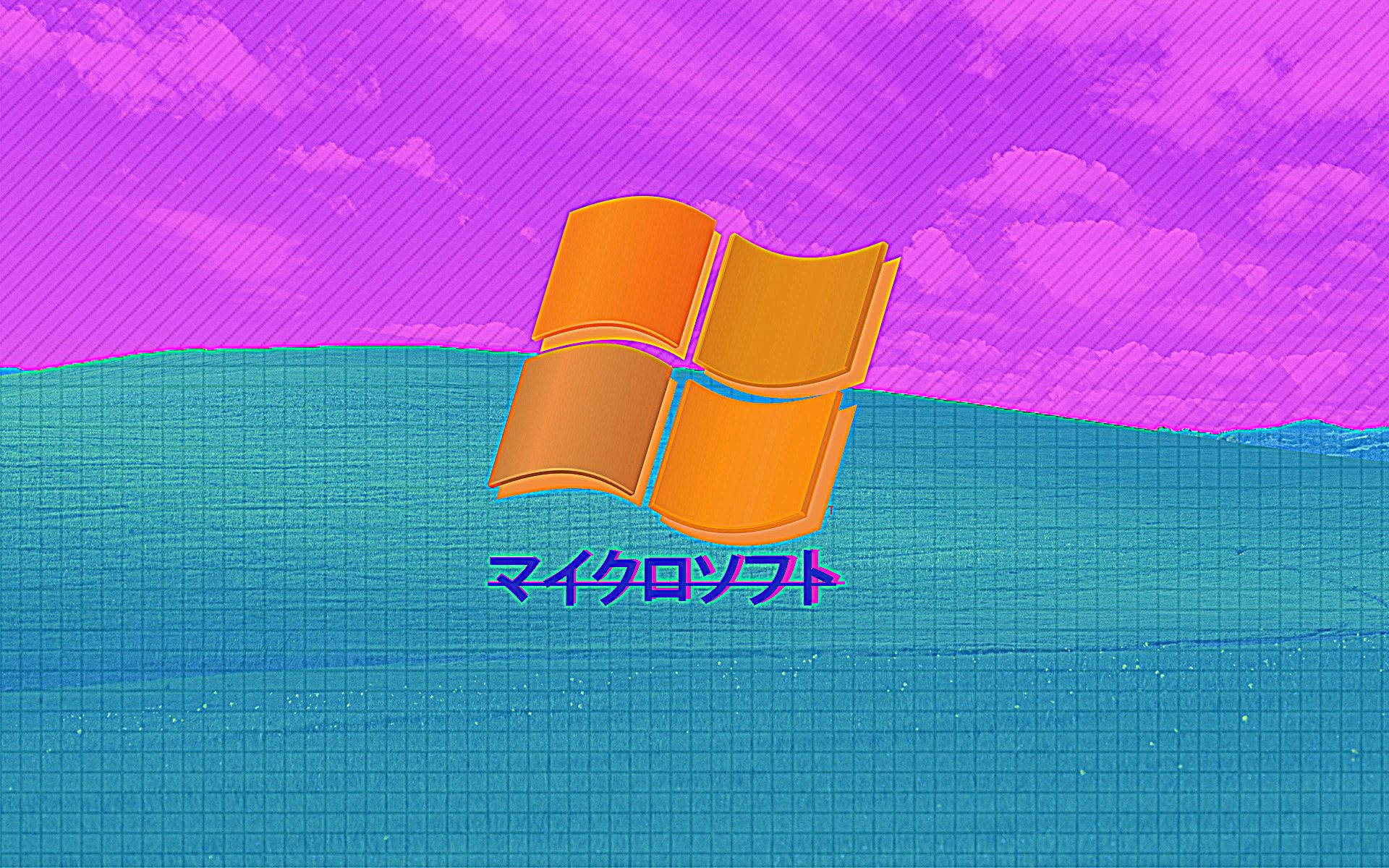 橙色Windows標誌在藍色網格海上，紫色天空下，帶有日文字。