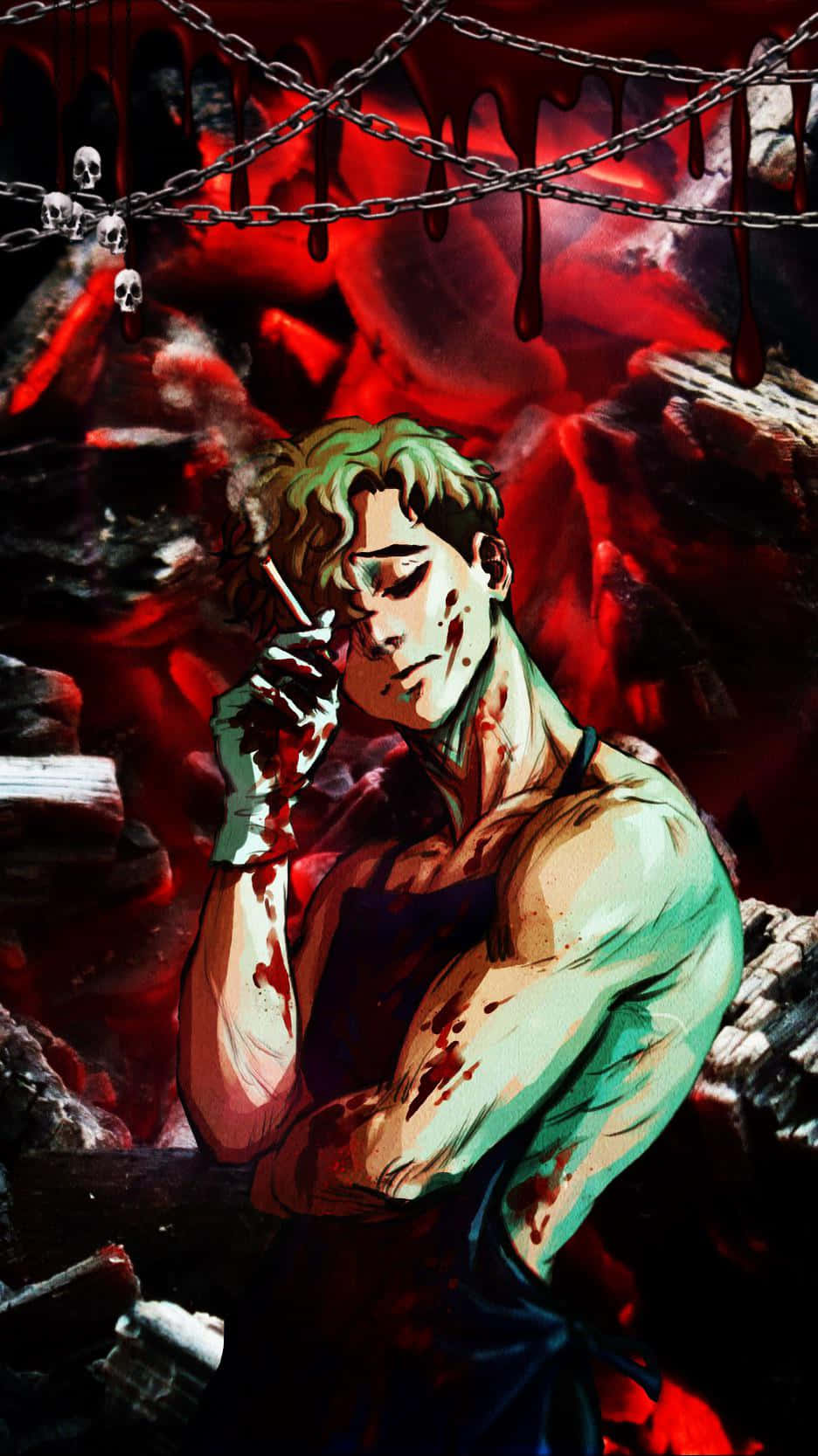 一個血淋淋的動漫男人在帶有鎖鏈和頭骨的燃燒地獄場景中抽煙。