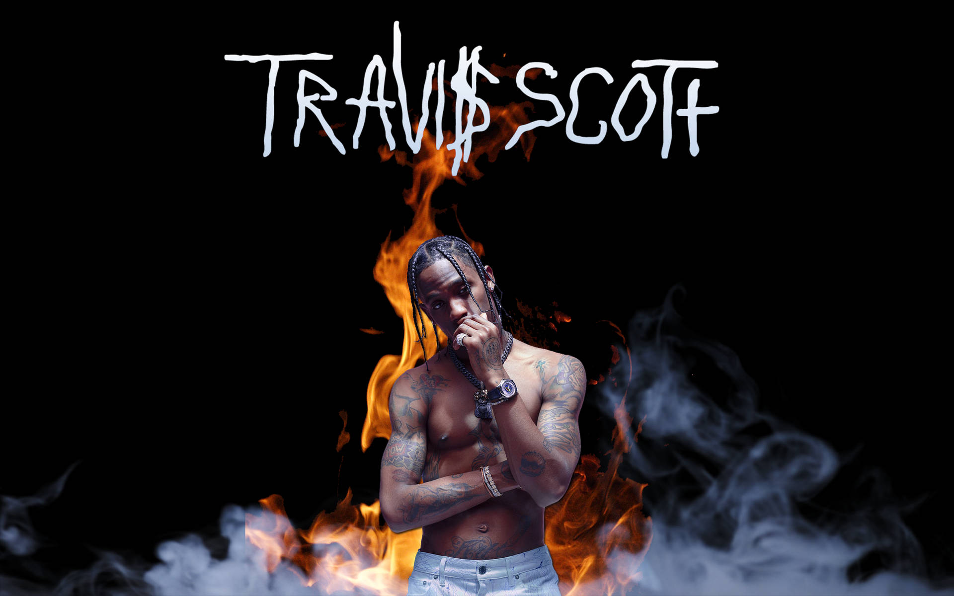 Travis Scott 赤裸上身，紋身清晰可見，被火焰和煙霧包圍，背景為黑色。