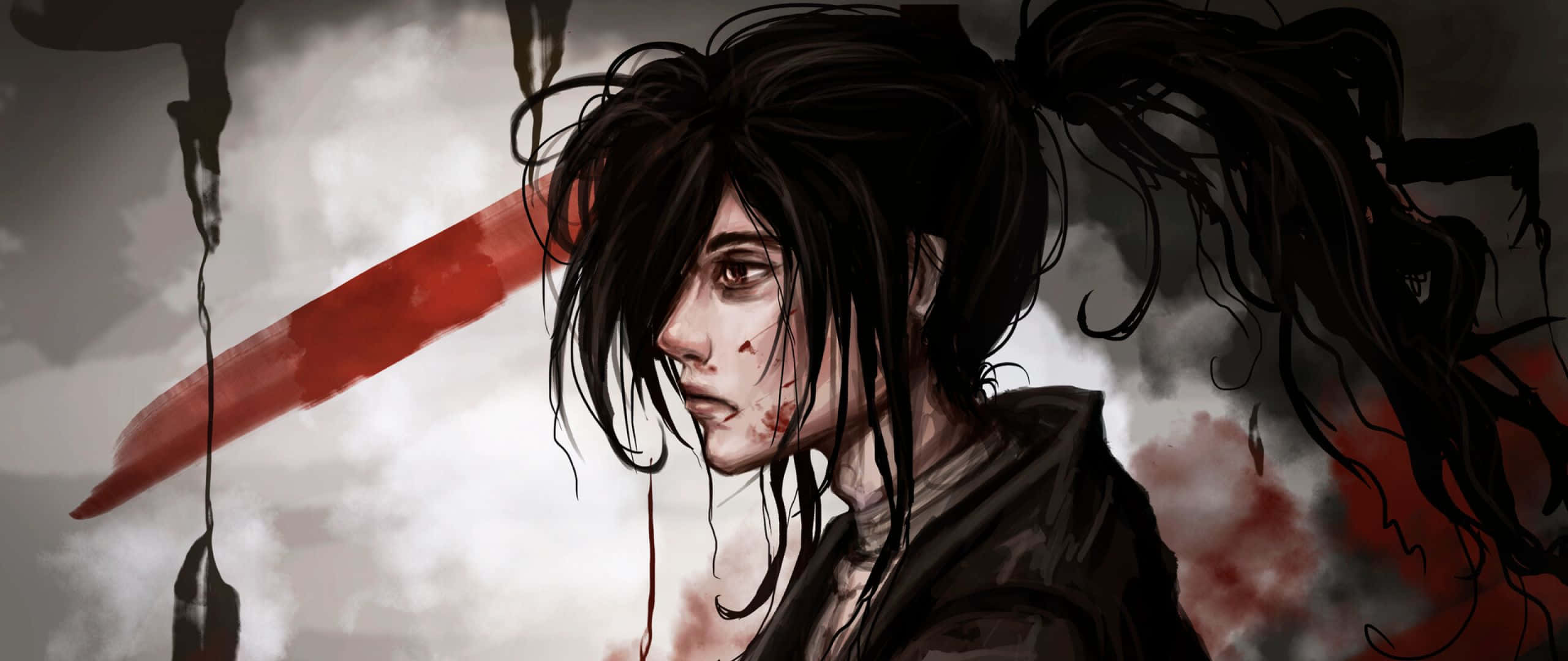 「歡迎來到現實世界，百鬼丸」 壁紙 — 一位黑髮動漫戰士，臉上沾滿鮮血，手持劍，在暴風雲中怒目凝視。