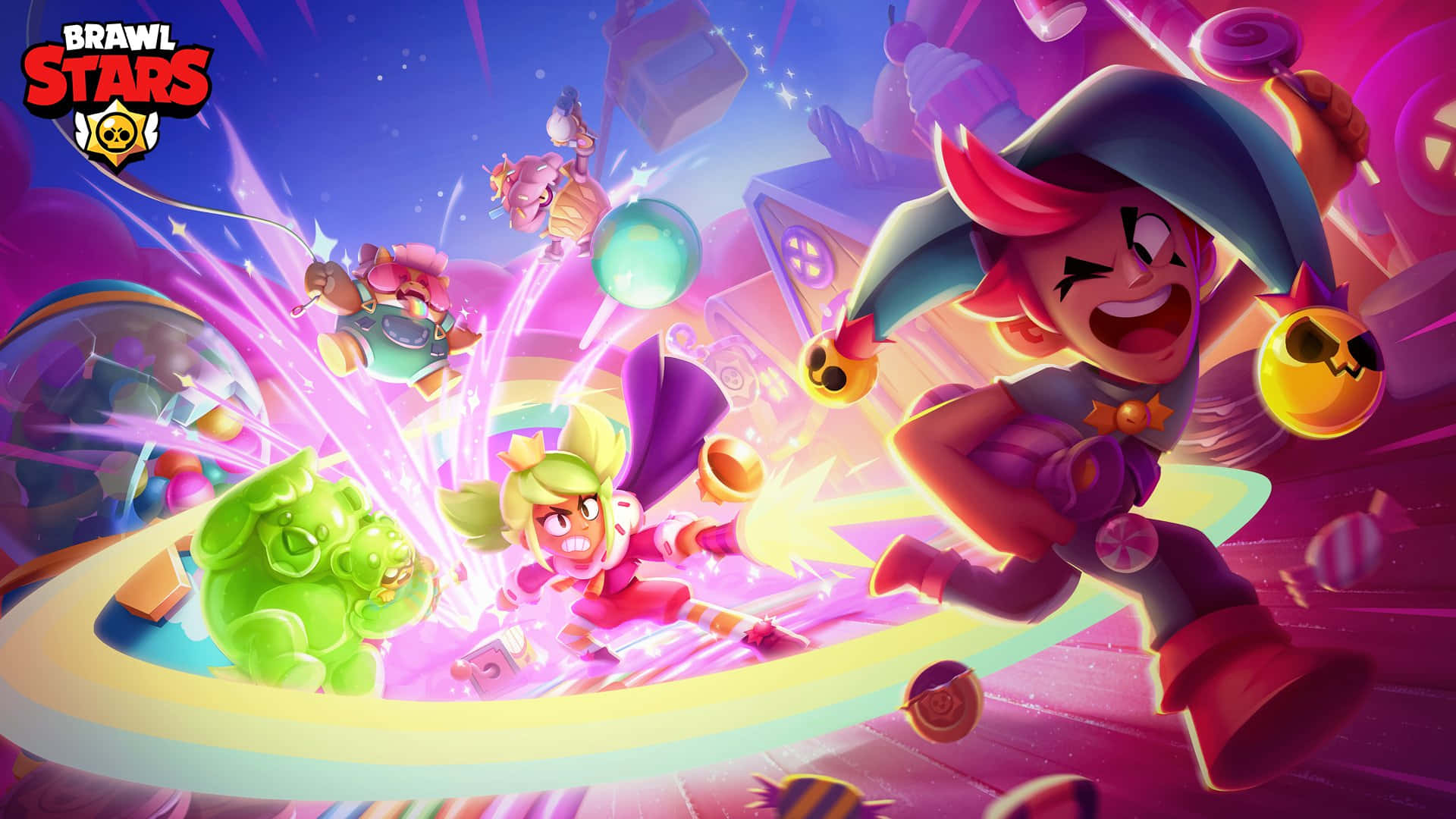Brawl Stars 角色在色彩繽紛的糖果主題戰鬥場景中。
