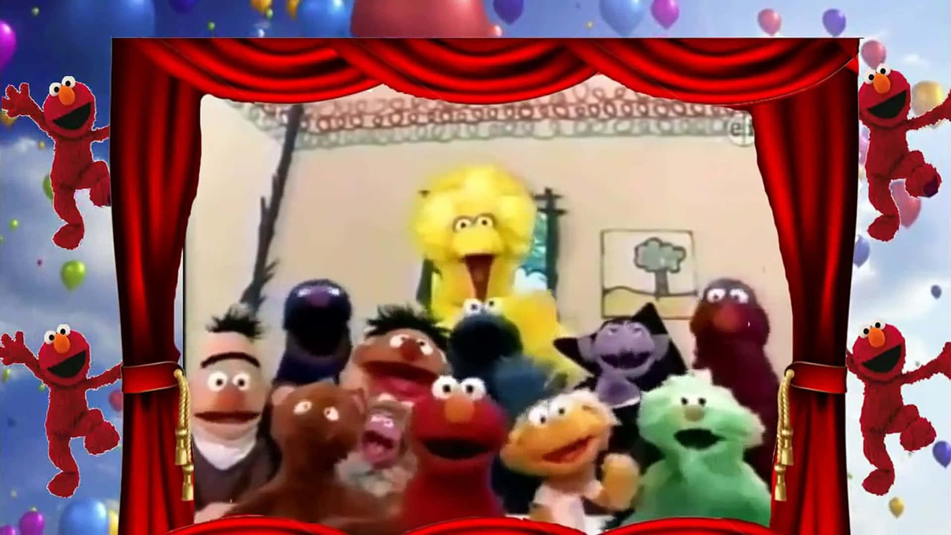 包括 Elmo 和 Big Bird 在內的木偶在紅色窗簾和氣球的舞台上表演。