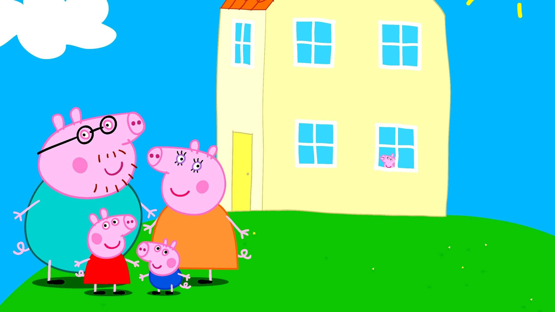 Peppa Pig 一家在陽光明媚的日子裡在黃色房子外微笑。 — 小豬佩奇的家 壁紙