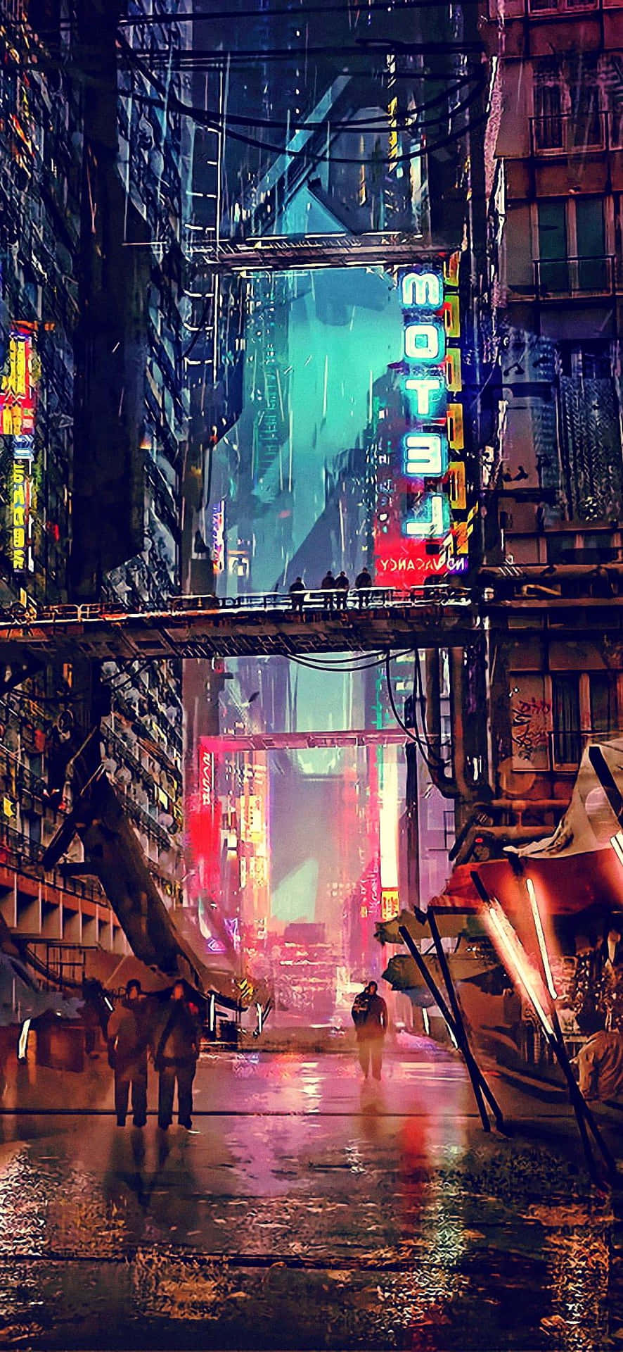 賽博龐克城市小巷，夜晚閃爍著霓虹燈和雨水倒影。