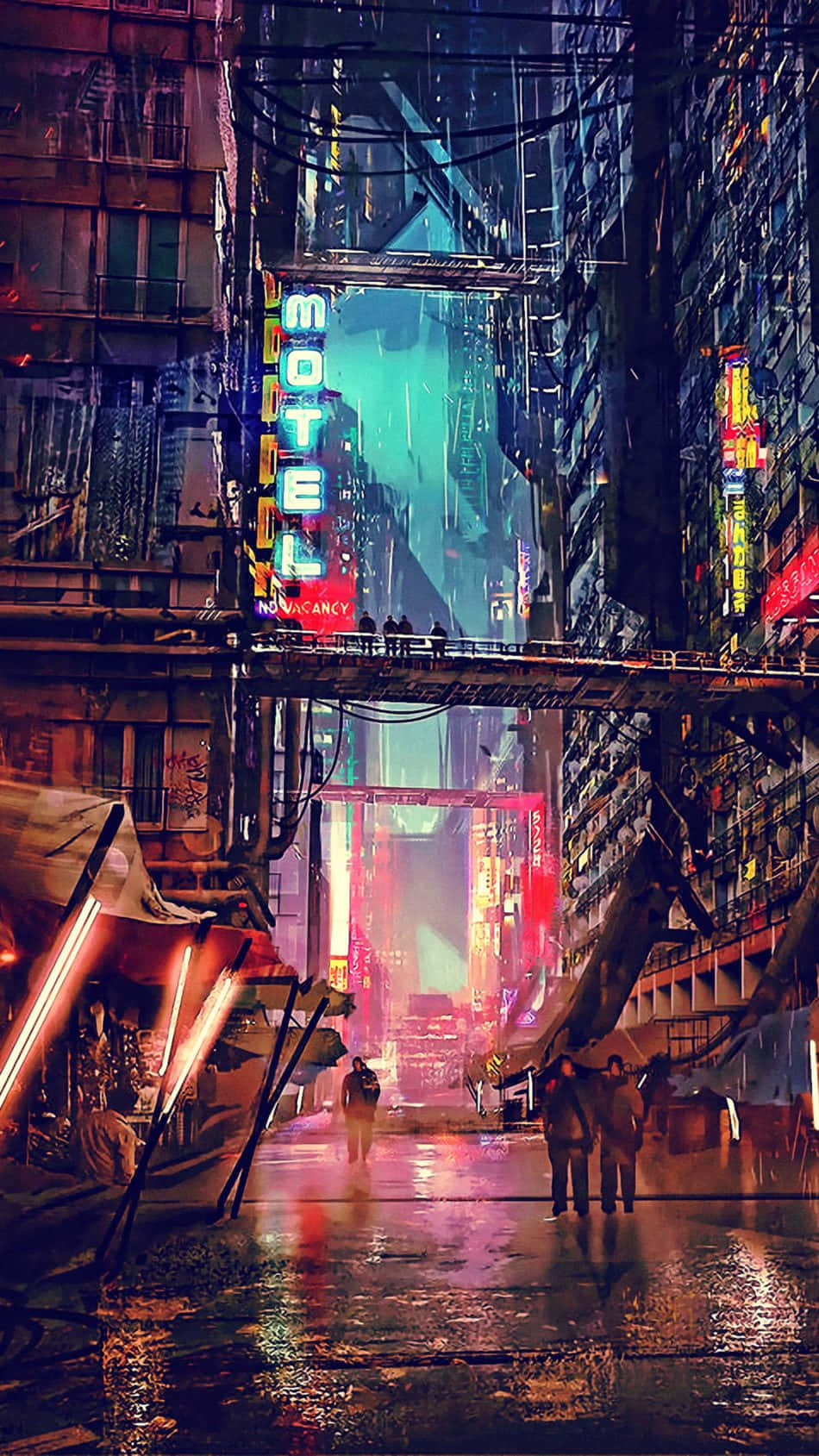 賽博龐克城市小巷，夜晚雨中霓虹招牌閃爍。