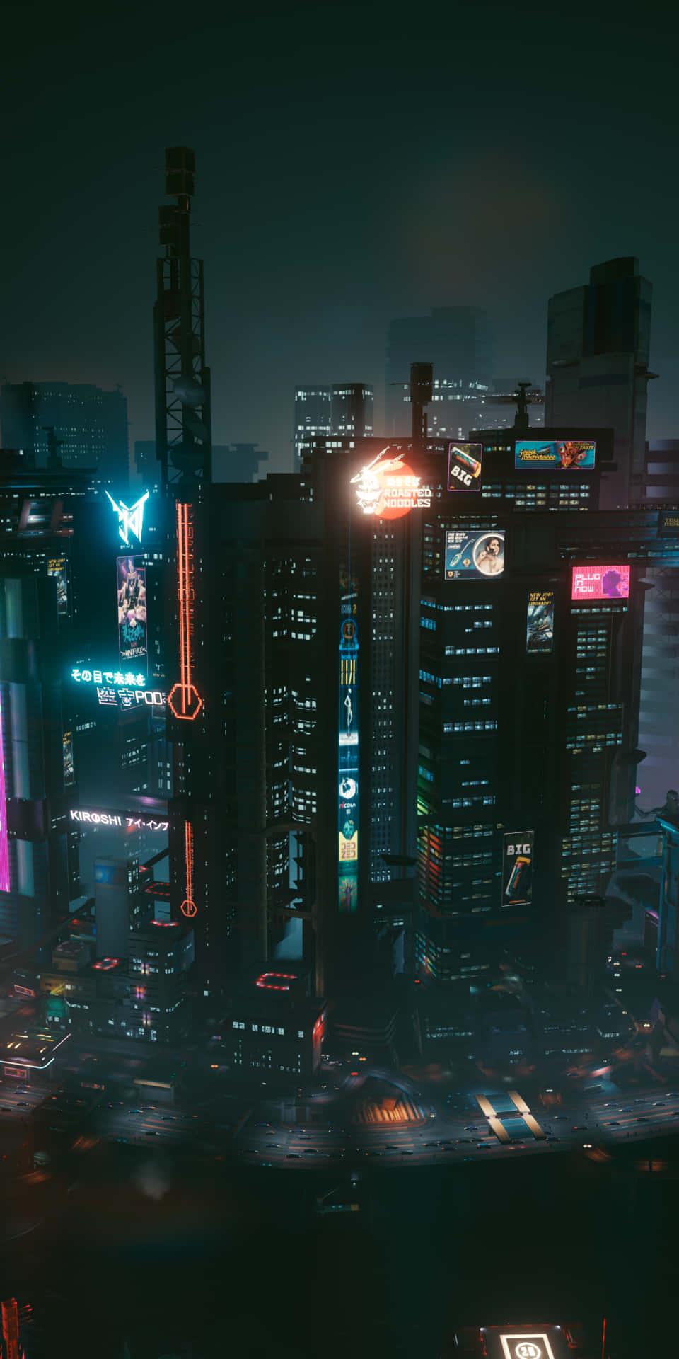 夜晚的未來城市，閃爍的霓虹燈招牌和雨濕的街道。