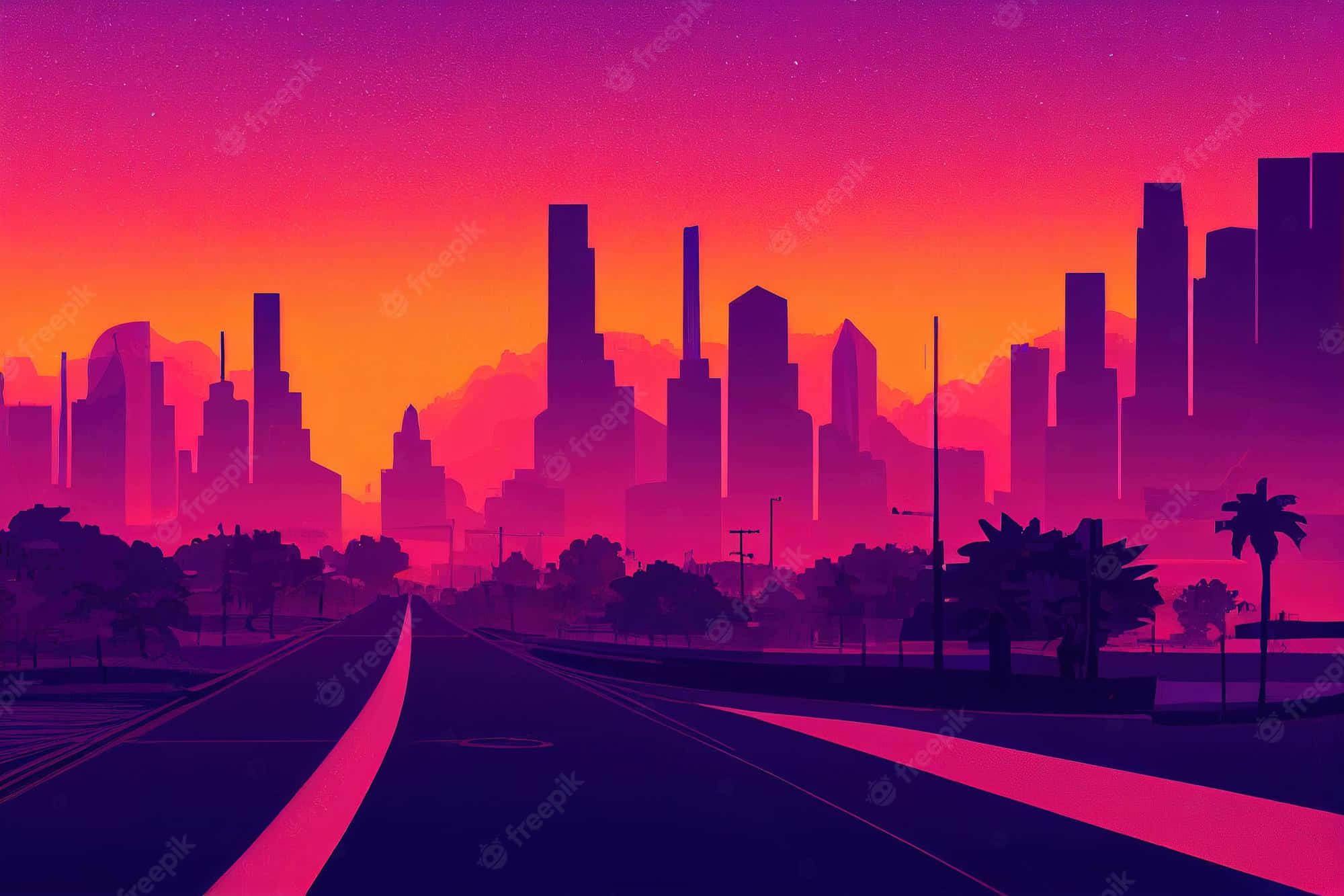 歡迎來到迷人的粉紅城市 壁紙 — 充滿活力的霓虹夕陽以洋紅色和橙色色調沐浴著未來主義的城市天際線，一條發光的道路延伸向地平線。