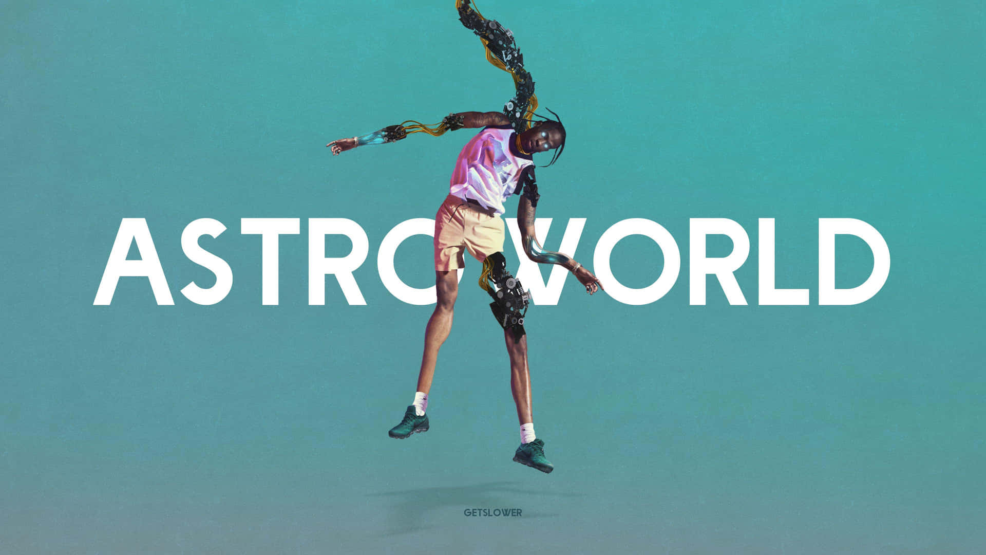 一個舞者，擁有機械四肢，在青綠色背景上跳躍，背景上有「ASTROWORLD」文字。