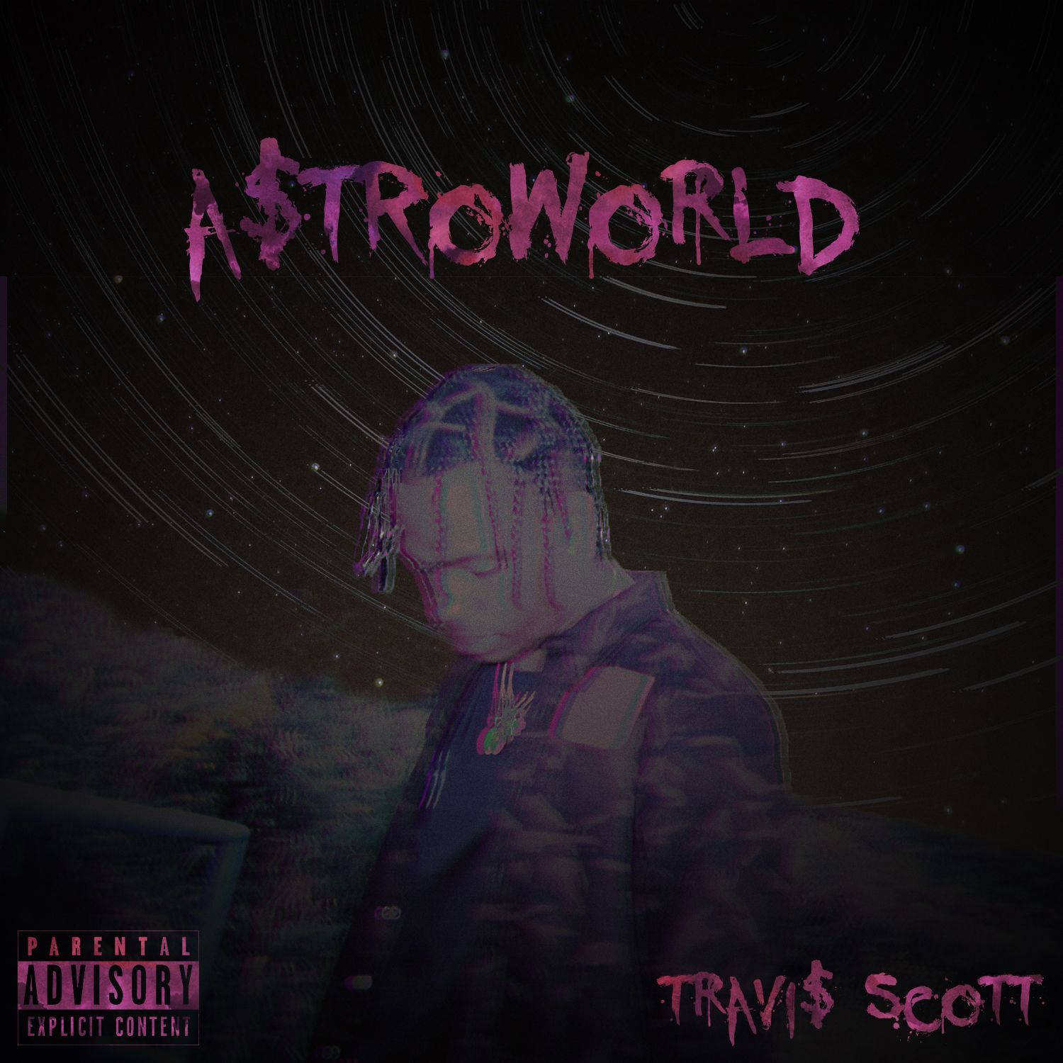 Travis Scott 在黑暗的太空場景中，有星軌和粉紅色霓虹燈文字。