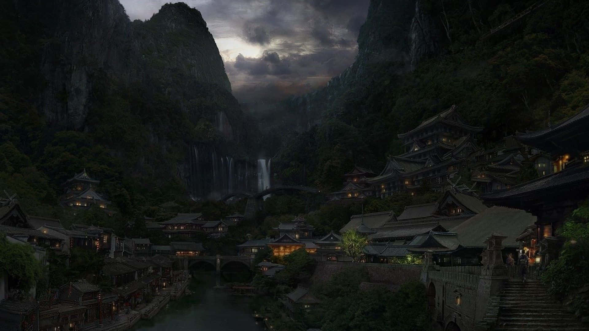 黃昏時分，坐落在山谷中的古老村莊，有瀑布和河流。
