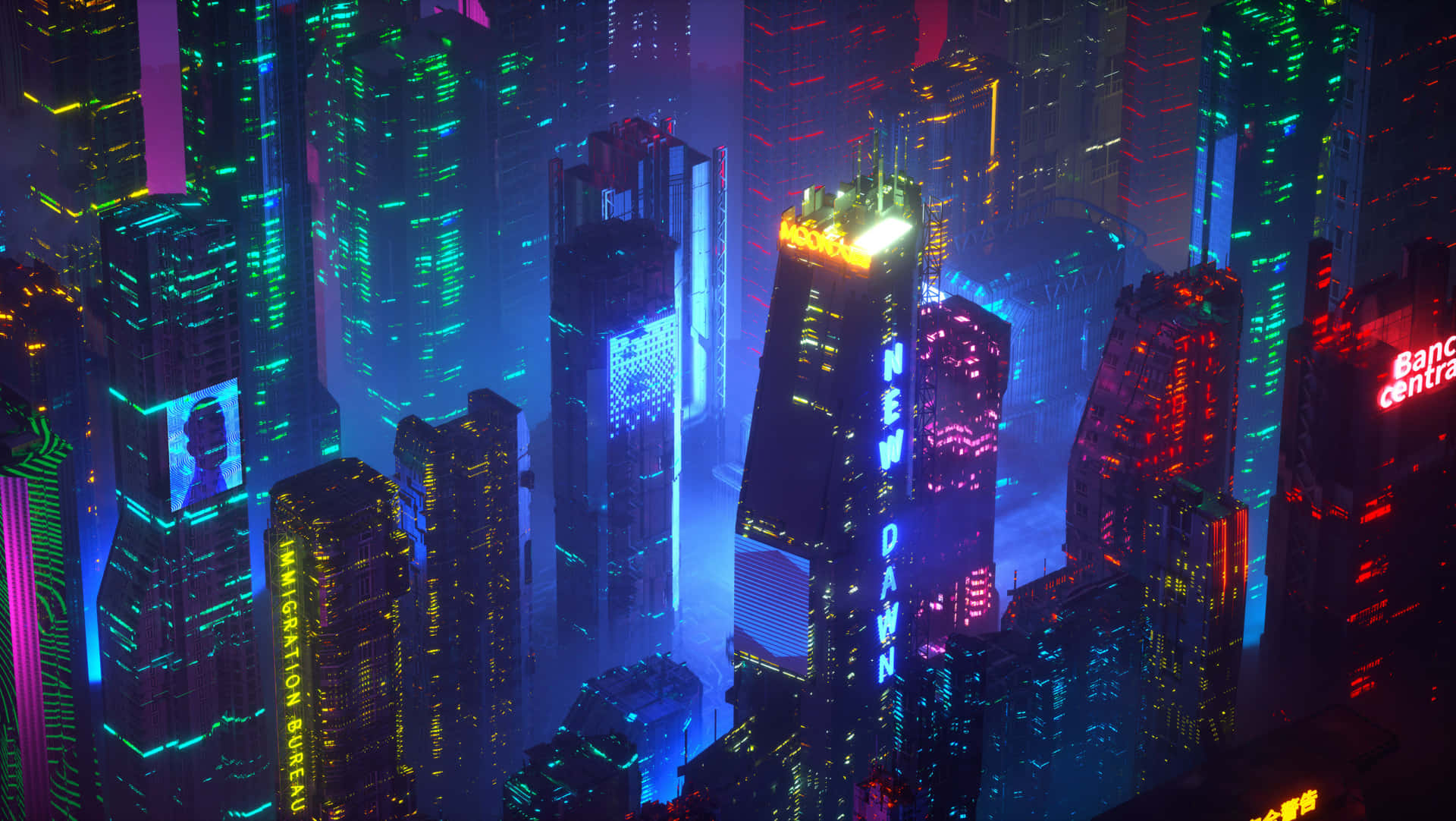 歡迎來到霓虹璀璨的夜生活之城 壁紙 — 夜晚霓虹燈閃爍的賽博龐克城市景觀，高聳的摩天大樓散發著電光藍、綠和紅色。