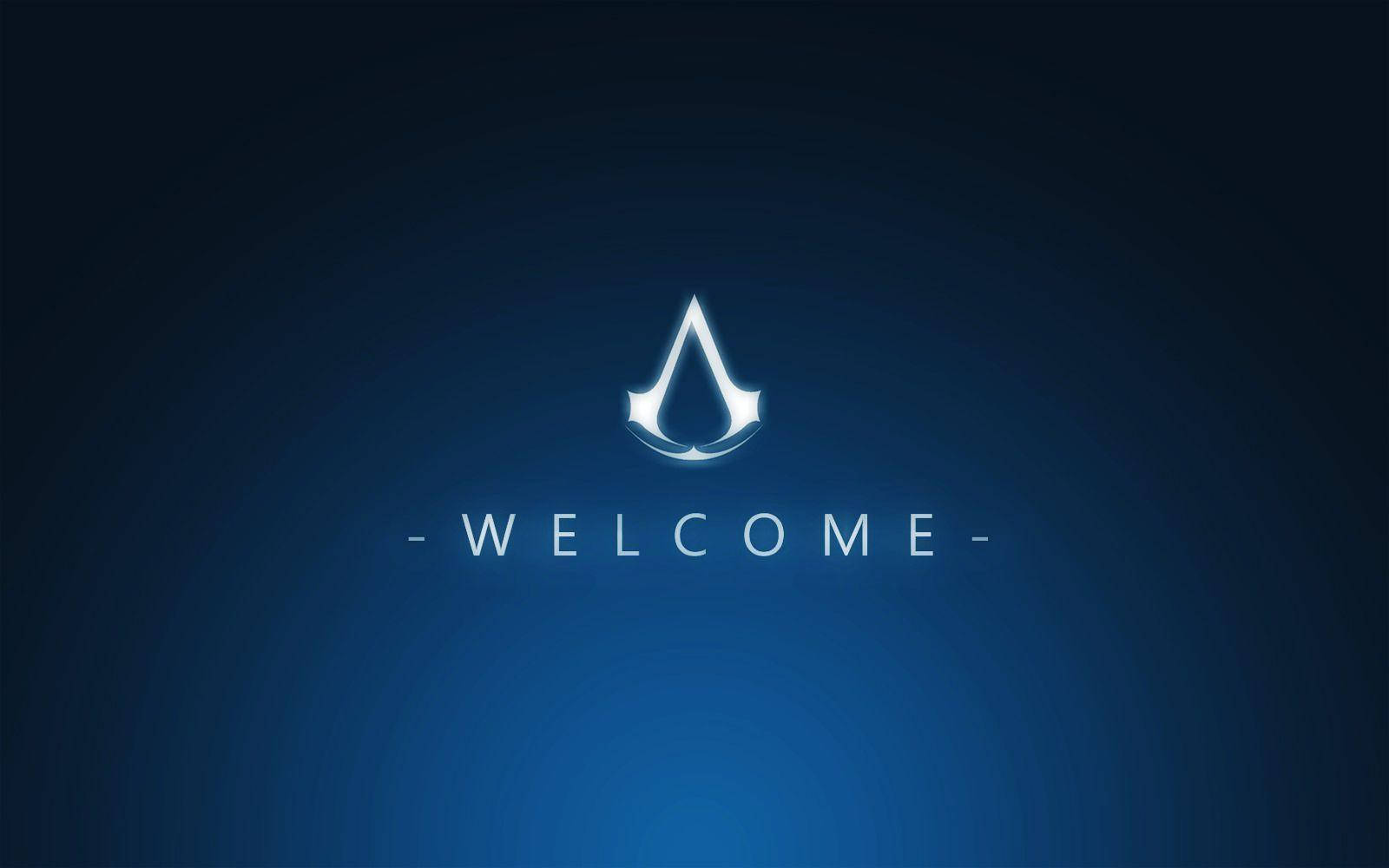 Assassin's Creed 歡迎畫面，帶有發光標誌和藍色漸變背景。