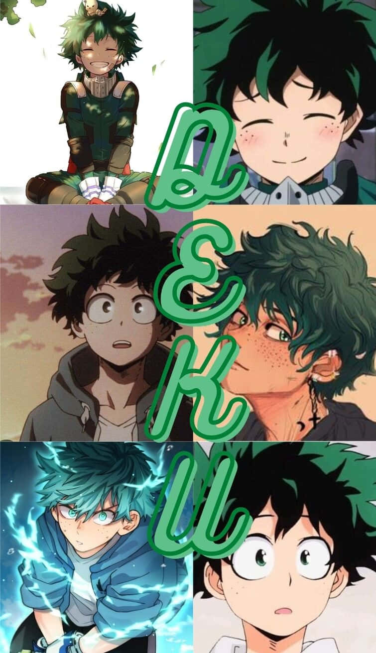 歡迎小英雄 Deku 加入戰鬥行列！ 壁紙 — 一幅充滿活力的動漫拼貼畫，展示Deku各種富有表現力的姿勢和服裝，帶有綠色風格文字疊加。