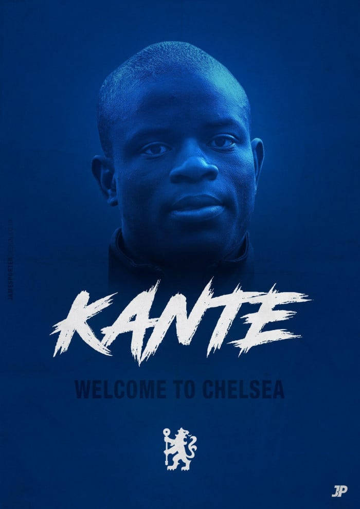 足球員尼高路·簡迪的藍色肖像，附有「Welcome to Chelsea」文字。