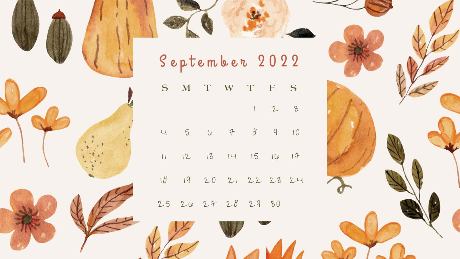 2022年9月月曆，帶有秋季主題的水彩水果和樹葉插圖。