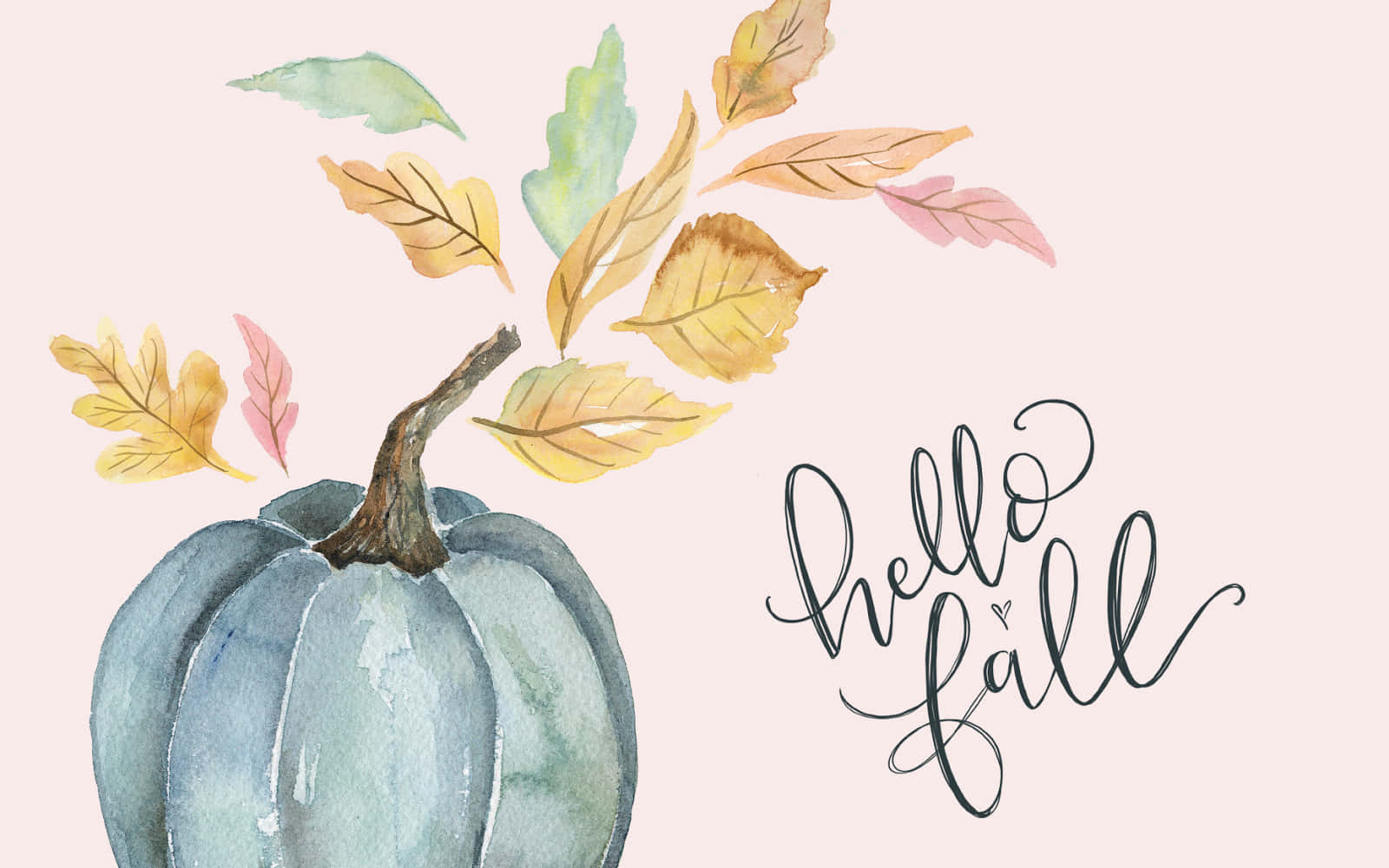 藍色水彩南瓜，帶有落葉和 hello fall 文字。