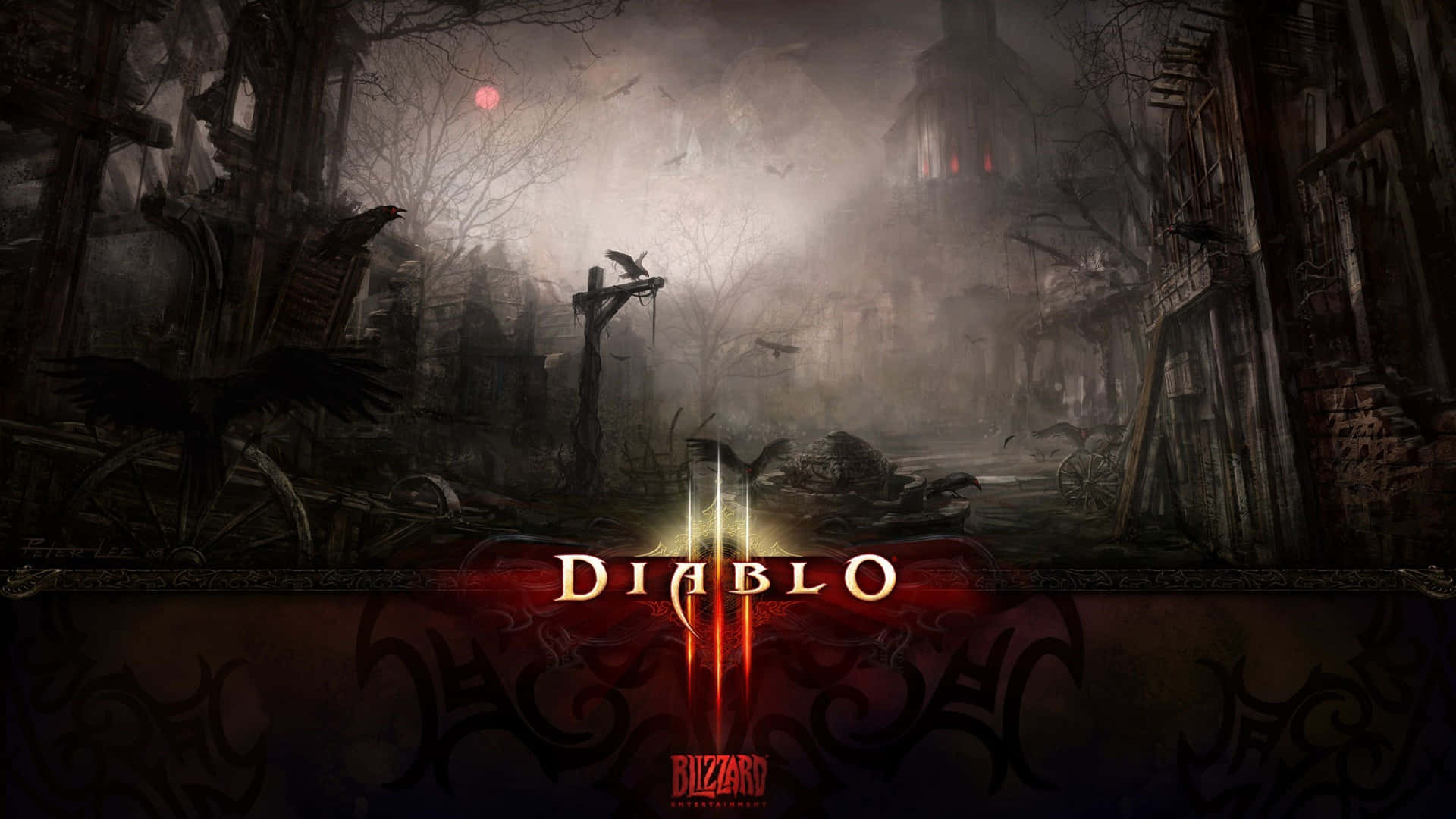 紅色月亮下的哥德式村莊遺跡，帶有 Diablo III 標誌。