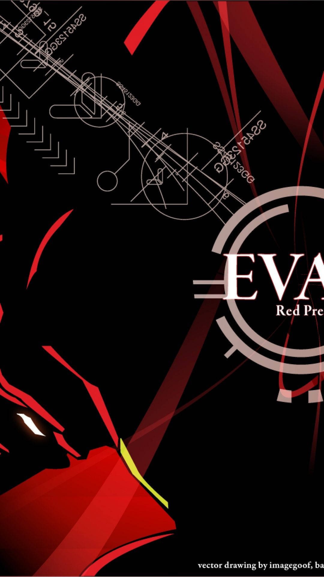 歡迎進入 Evangelion 智慧手機的世界 壁紙 — 一個風格化的紅色和黑色向量插圖，描繪了一個擁有發光眼睛和機械示意圖疊加的動漫角色。