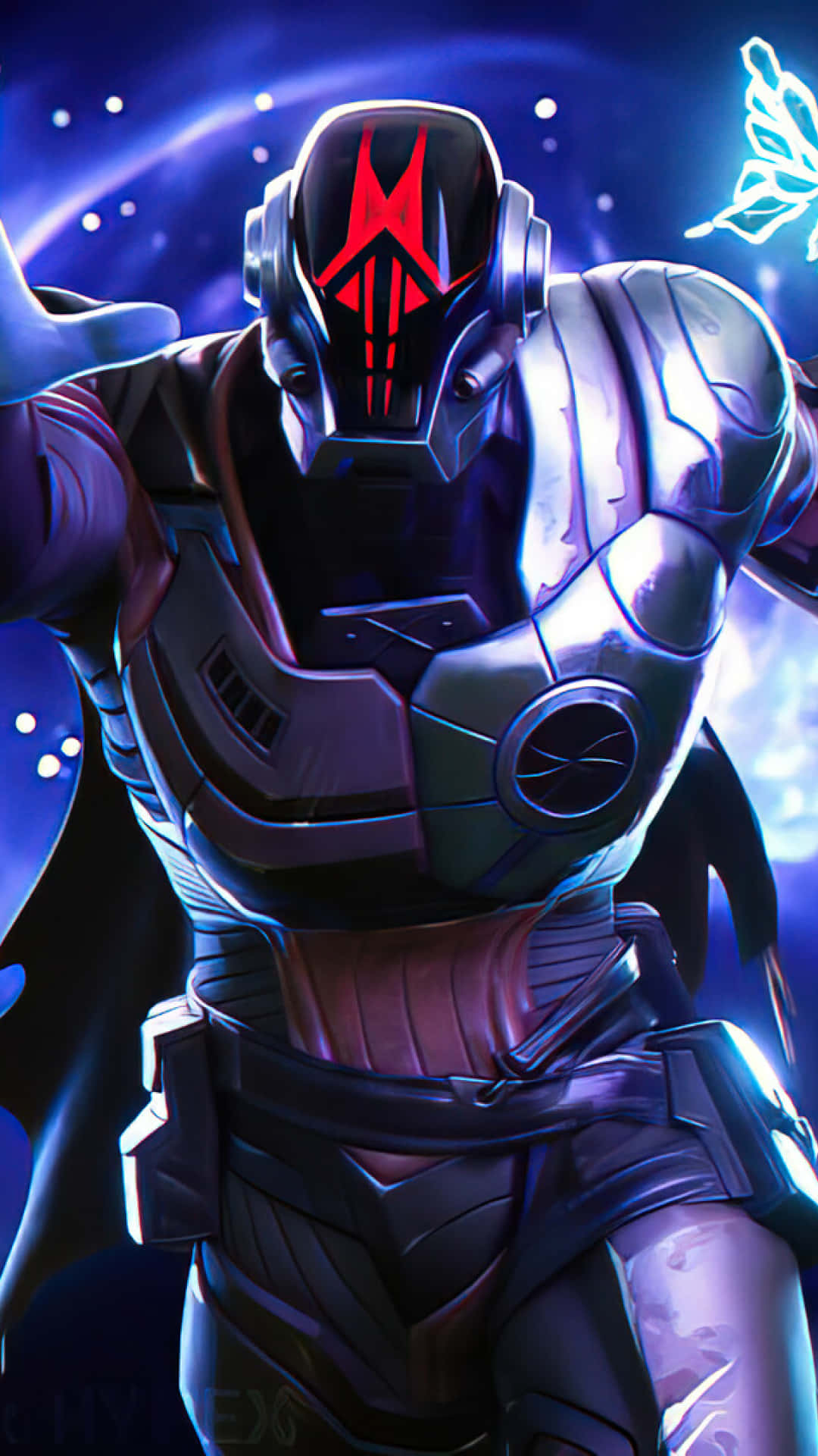 歡迎進入《Fortnite》第三章第一季 壁紙 — 一個帶有發光紅色標記的未來裝甲戰士，英勇地站在宇宙星空背景前。