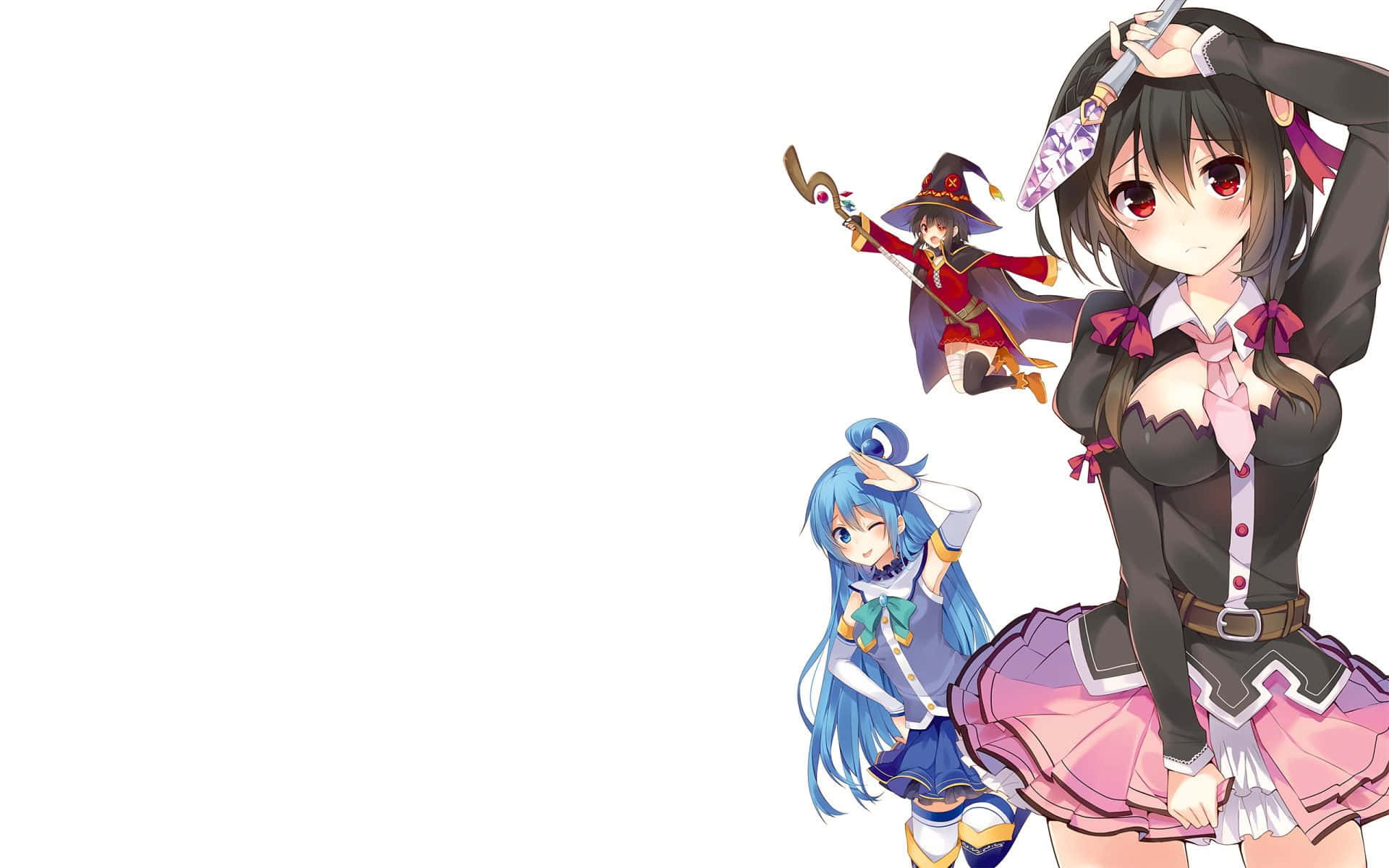 三個動漫女孩穿著奇幻服裝，手持武器和帽子擺姿勢。