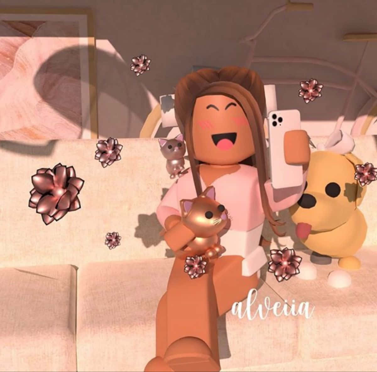 Roblox角色微笑著與毛絨玩具和漂浮的花朵自拍。