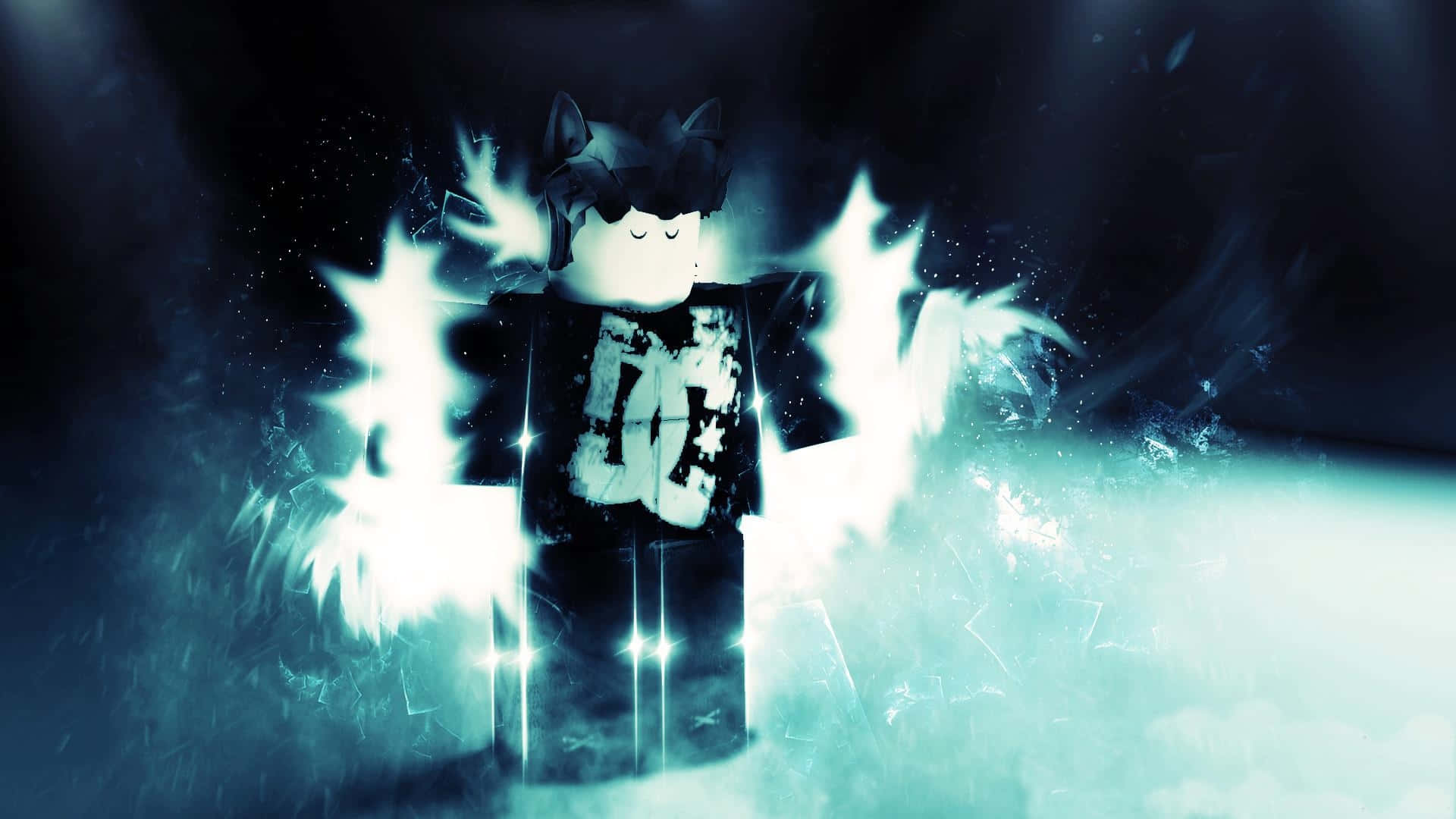 帶有貓耳的Roblox虛擬角色在暴風場景中發出電光藍色的能量。