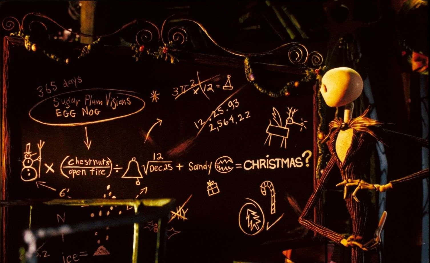Jack Skellington 喺一塊有聖誕數學方程式嘅黑板旁邊擺姿勢。