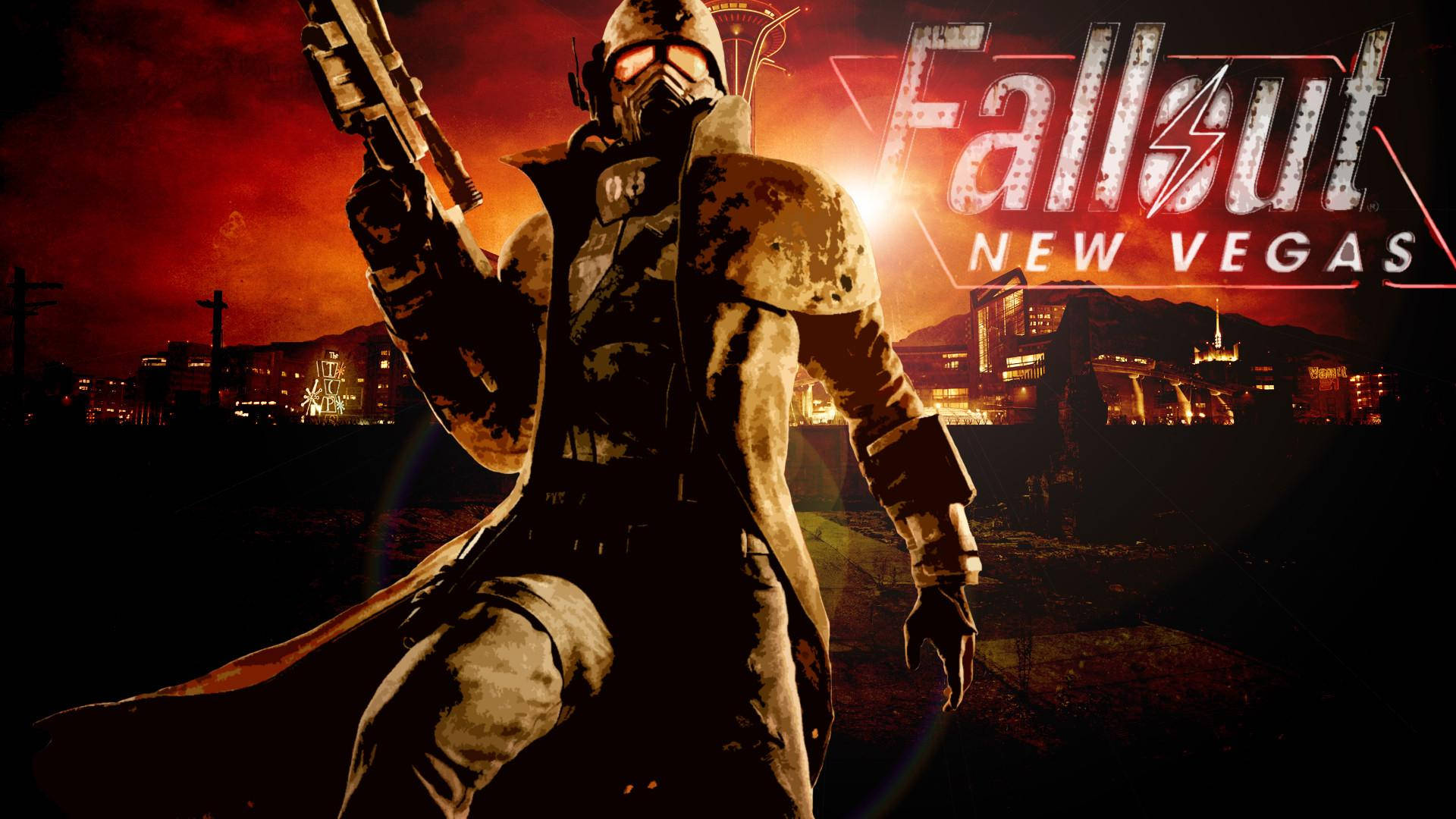 Fallout New Vegas 廢土倖存者在黃昏時持槍。