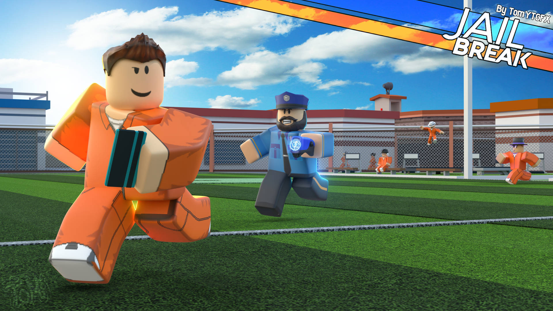 Roblox 監獄逃脫遊戲角色在綠色田野上奔跑，背景有監獄。
