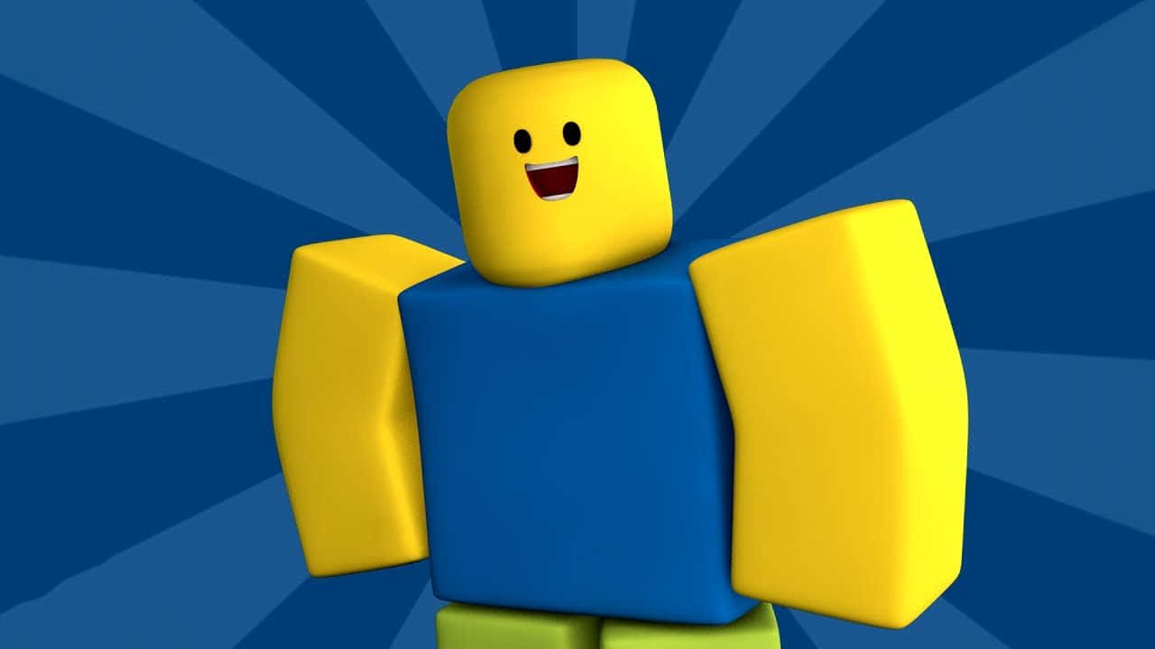 歡迎進入Roblox世界！ 壁紙 — 一個開心的黃藍色方塊頭像，帶著燦爛的笑容，站在充滿活力的藍色放射背景前。