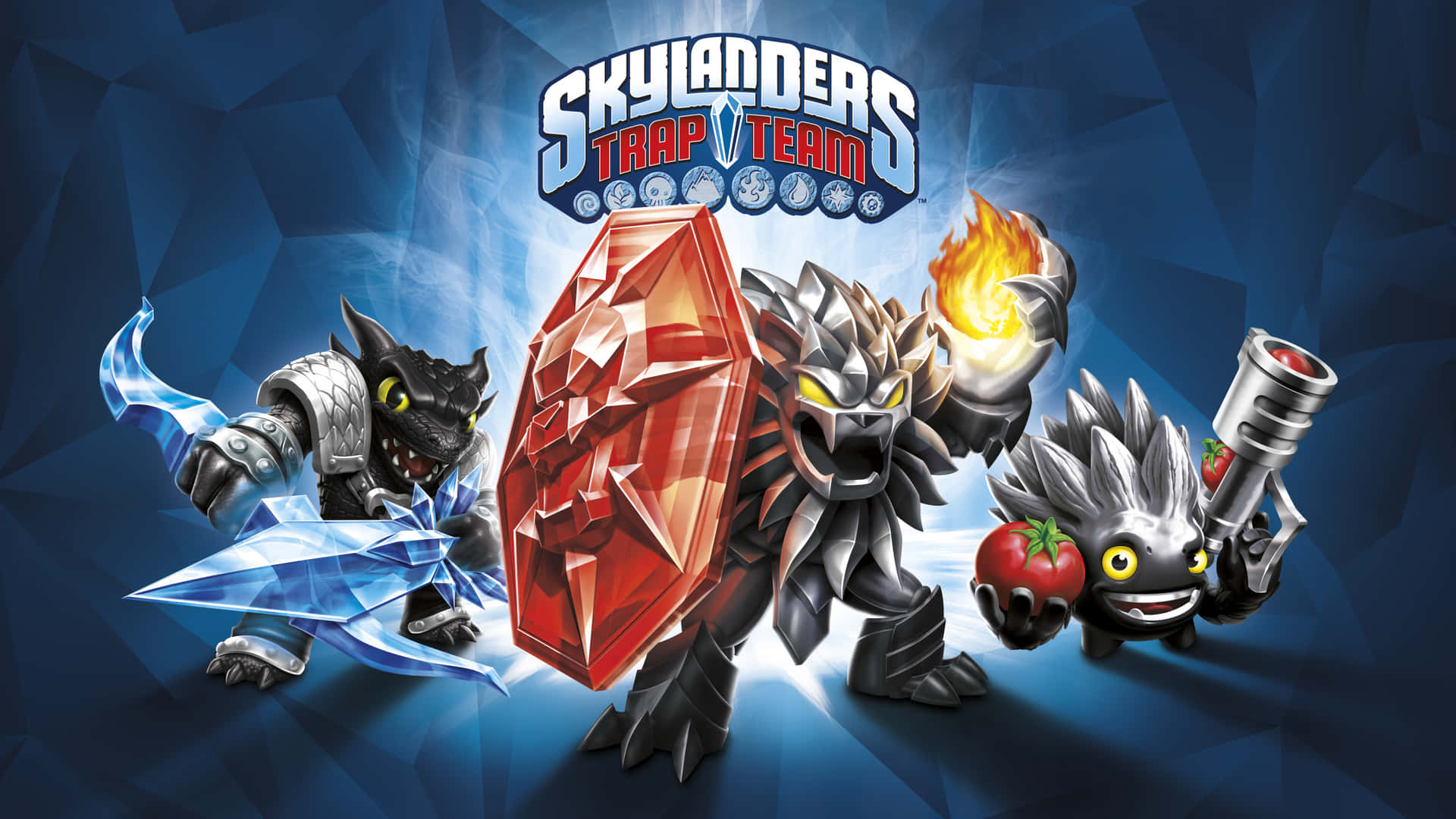 三個Skylanders角色在遊戲宣傳圖片中使用冰、火和番茄力量。
