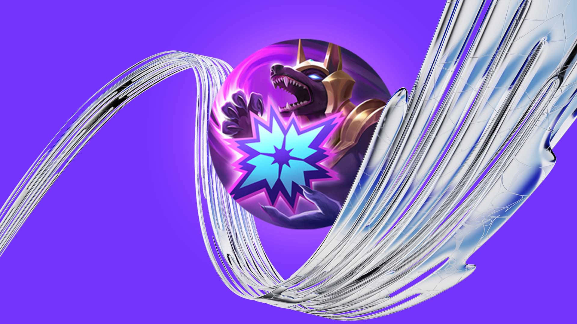 歡迎進入Twitch與1080畫質娛樂的世界 壁紙 — 一隻兇猛的金色犬科生物從一個發光的球體中咆哮，周圍環繞著旋轉的銀色能量，背景是充滿活力的紫色。