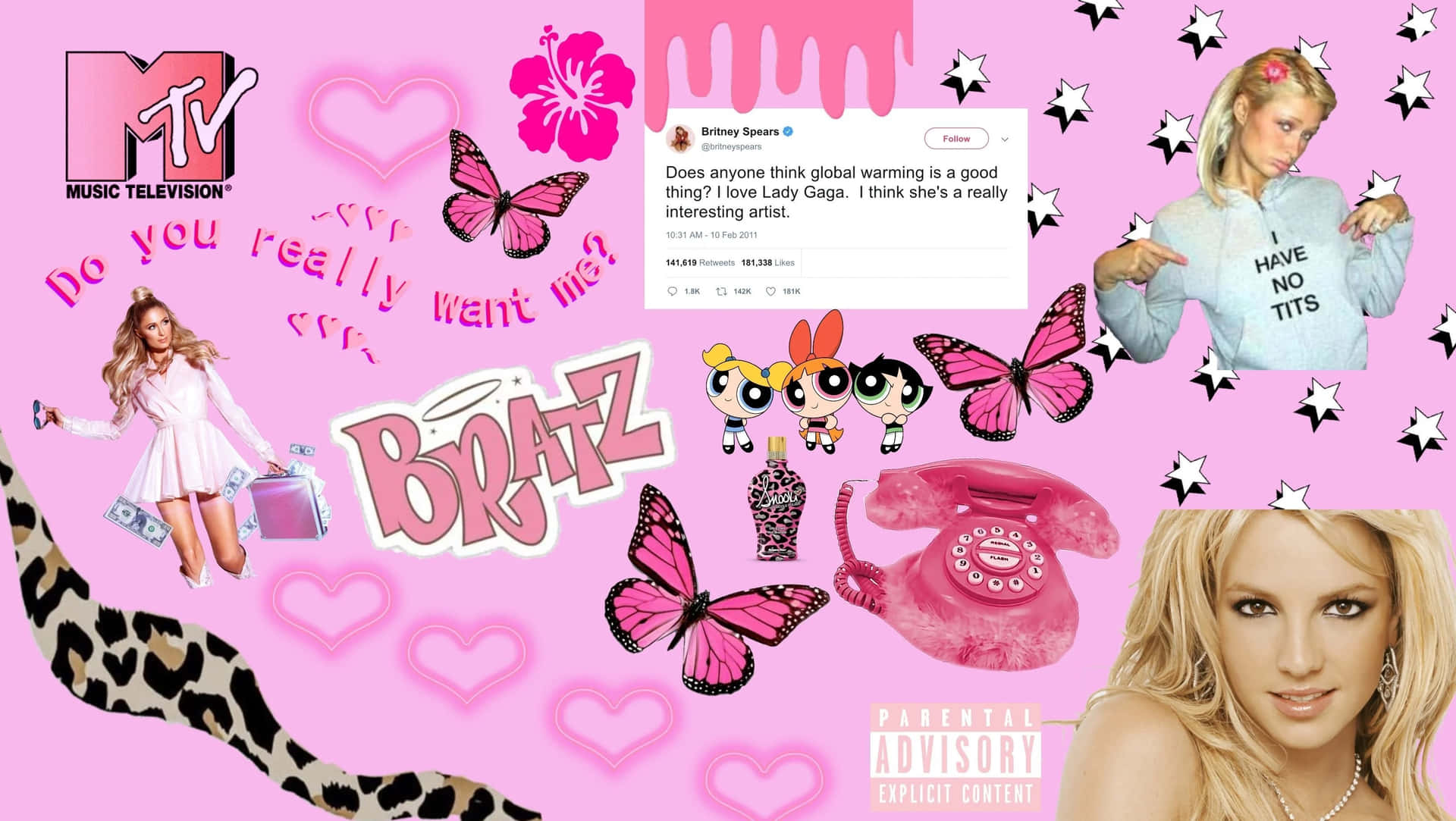 粉紅色流行文化拼貼畫，包含 Britney Spears、Bratz 娃娃和 MTV 標誌。