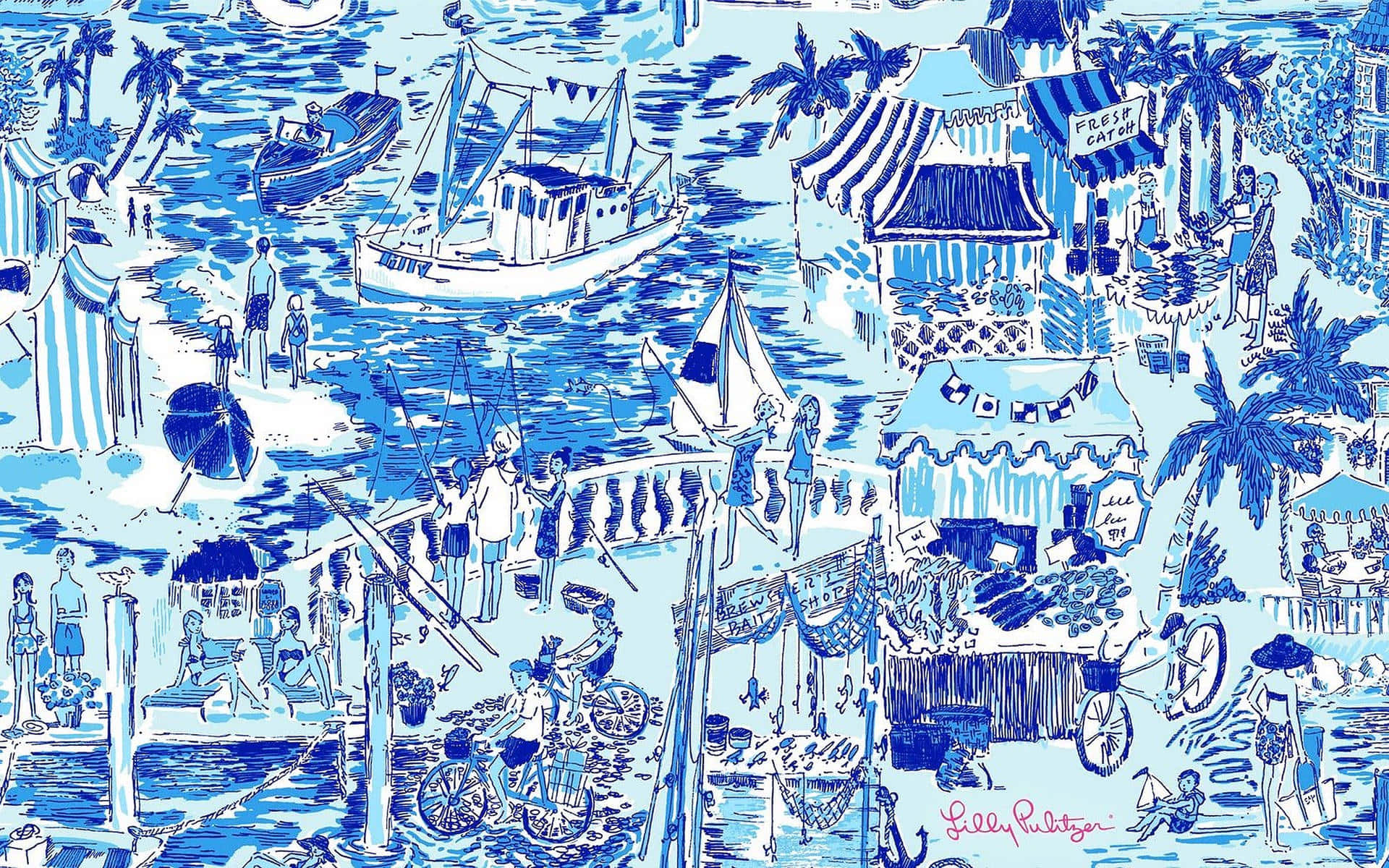 一個熱鬧的海灘場景，有船隻、棕櫚樹和人們在海邊市集。
