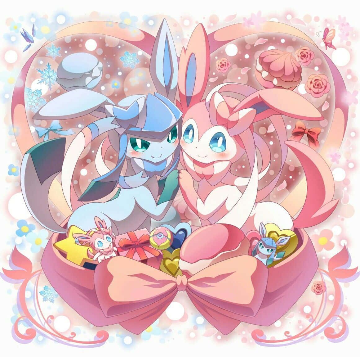 兩隻兔仔Pokémon喺一個巨型粉紅色蝴蝶結入面，有禮物同細小Pokémon，構成一個節日花卉場景。